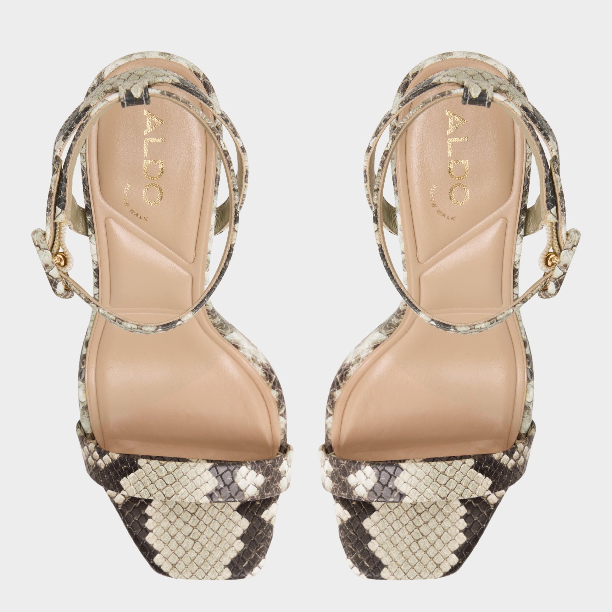 Top-down view of the White/Black Kaathy Strappy heeled sandal