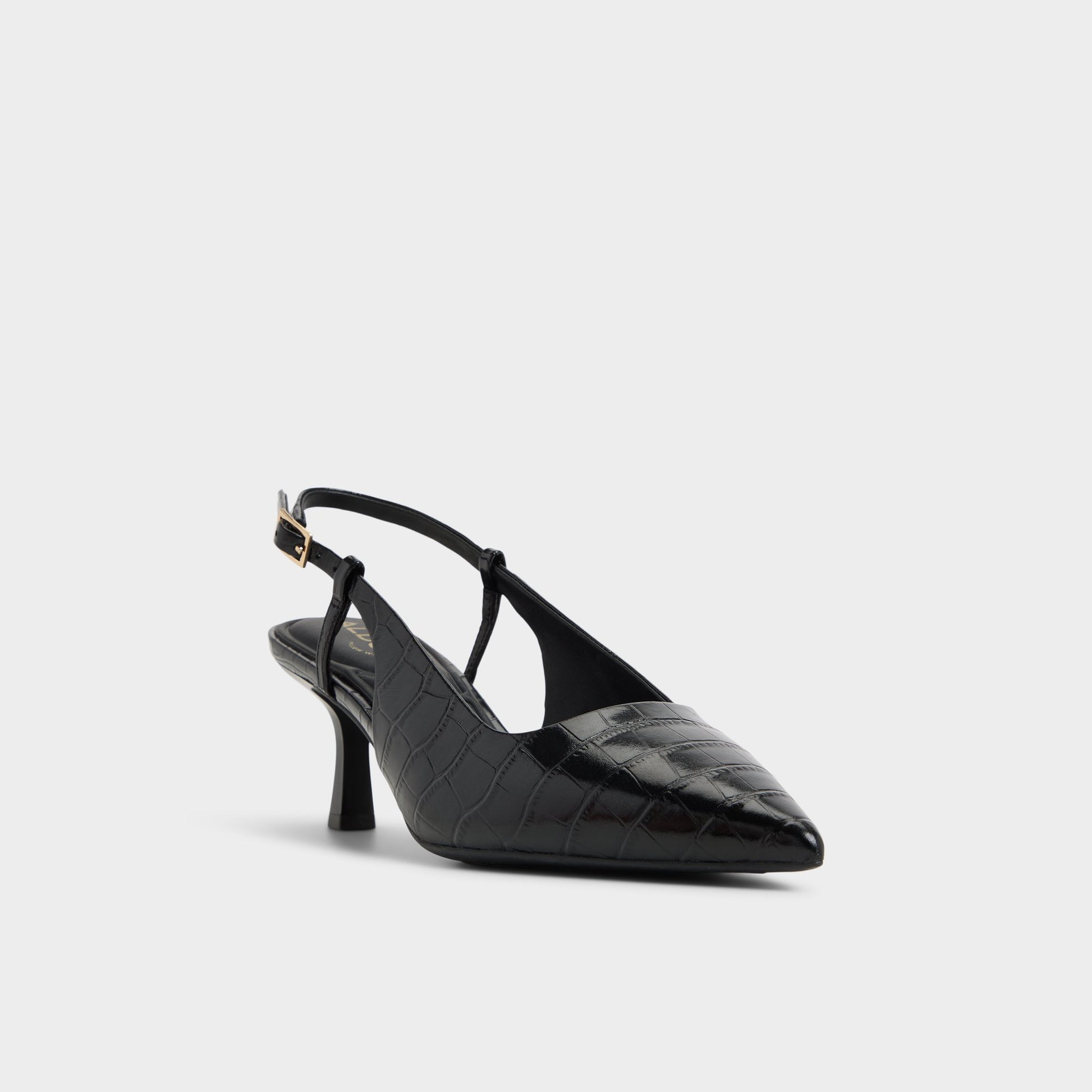 Three-quarter angle of Black Adan Slingback heel's front side