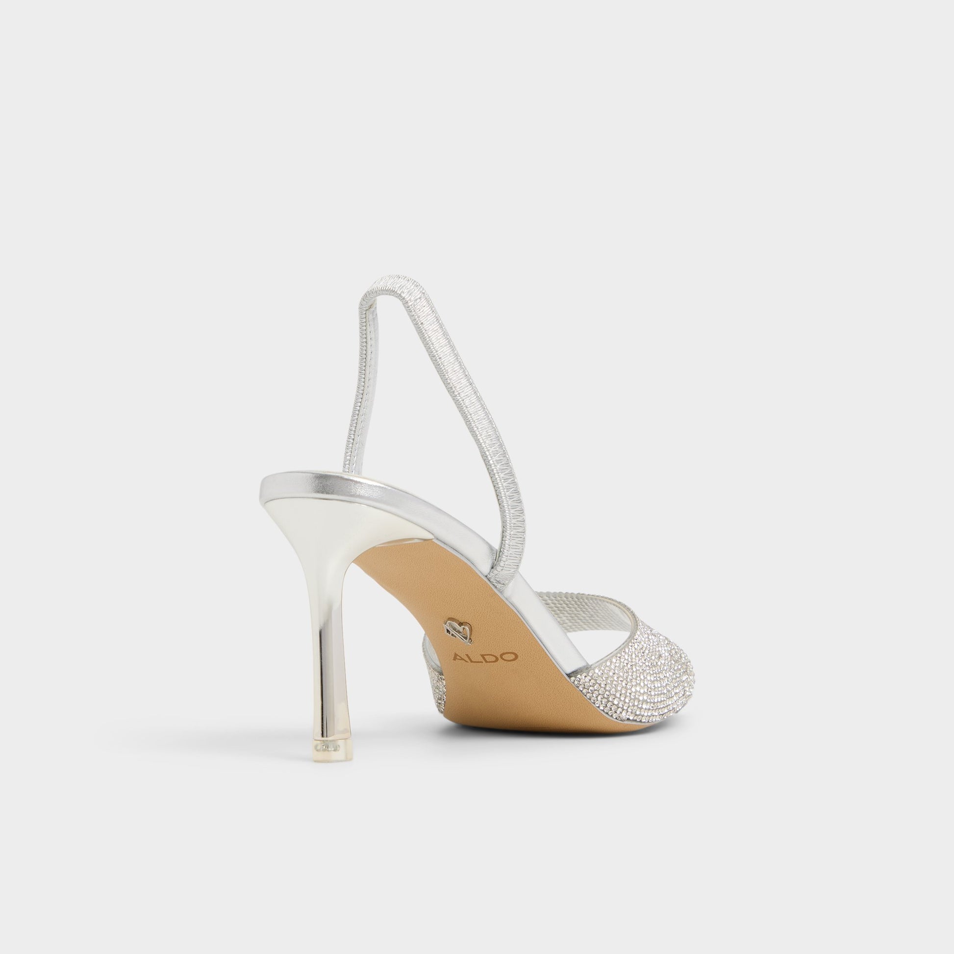 Three-quarter angle of Silver Andyana Slingback heeled sandal's back side
