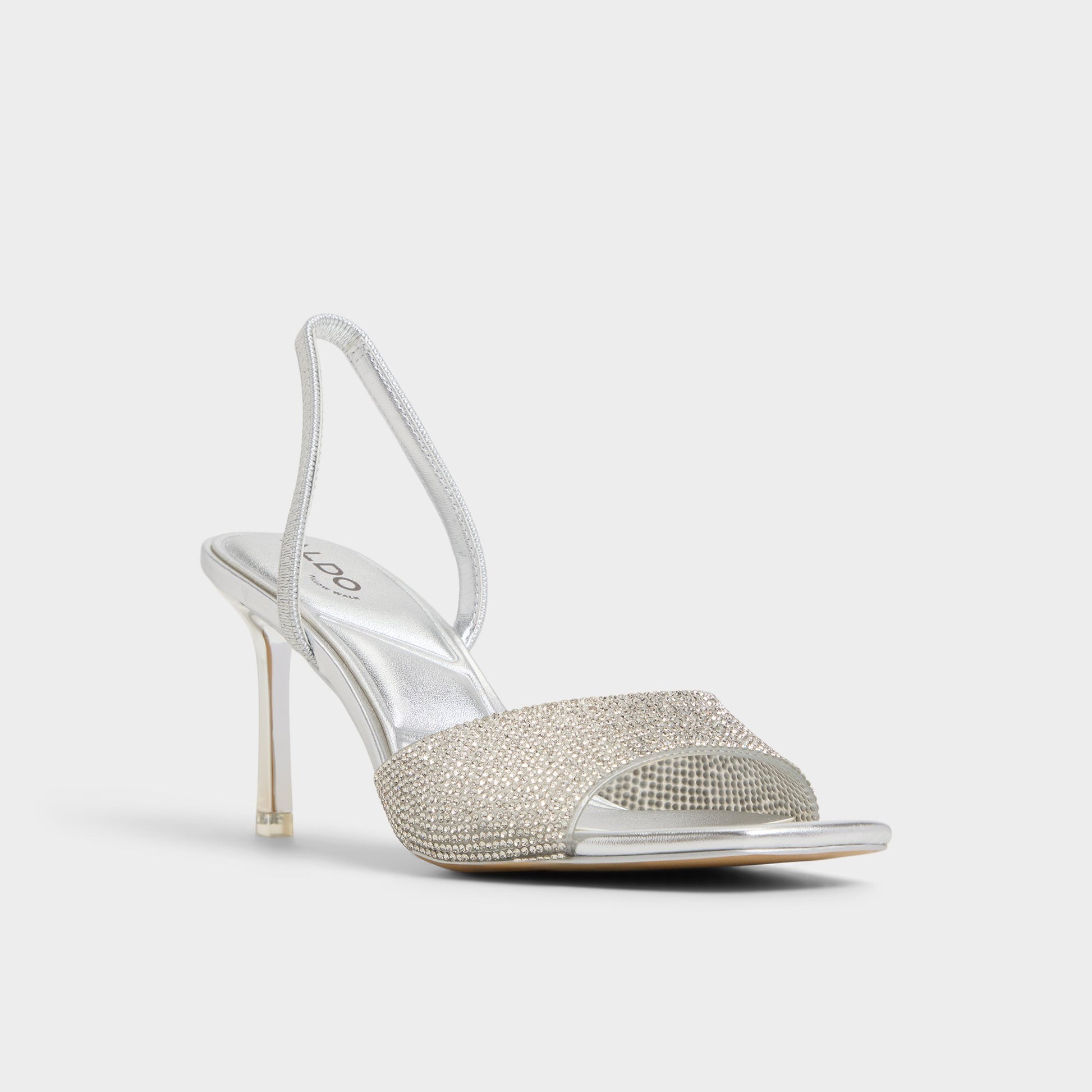 Three-quarter angle of Silver Andyana Slingback heeled sandal's front side