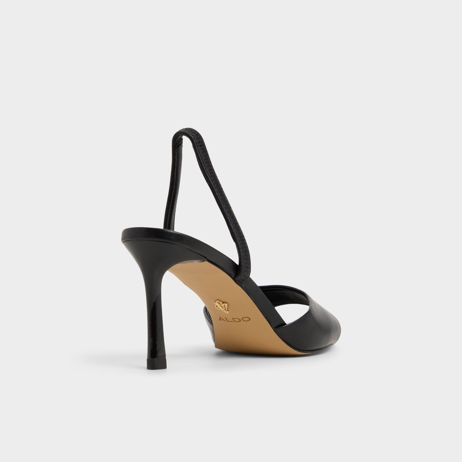 Three-quarter angle of Black Andya Slingback heeled sandal's back side