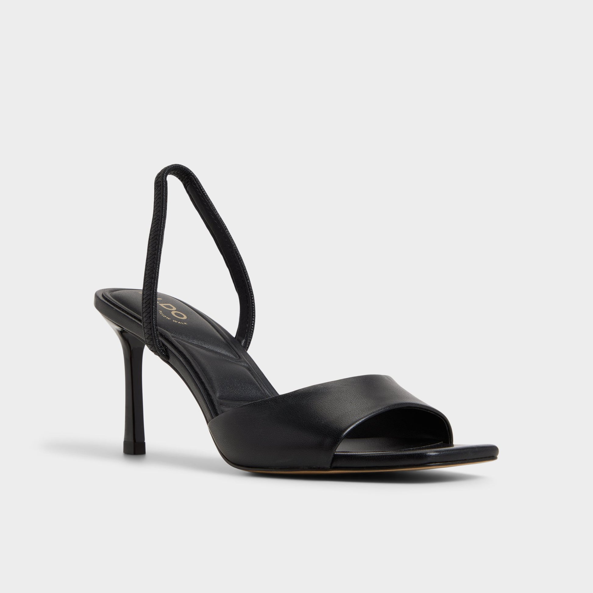 Three-quarter angle of Black Andya Slingback heeled sandal's front side