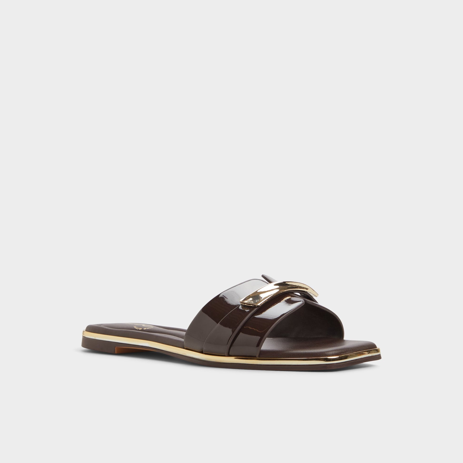 Three-quarter angle of Medium Brown Darlina Slide sandal's front side