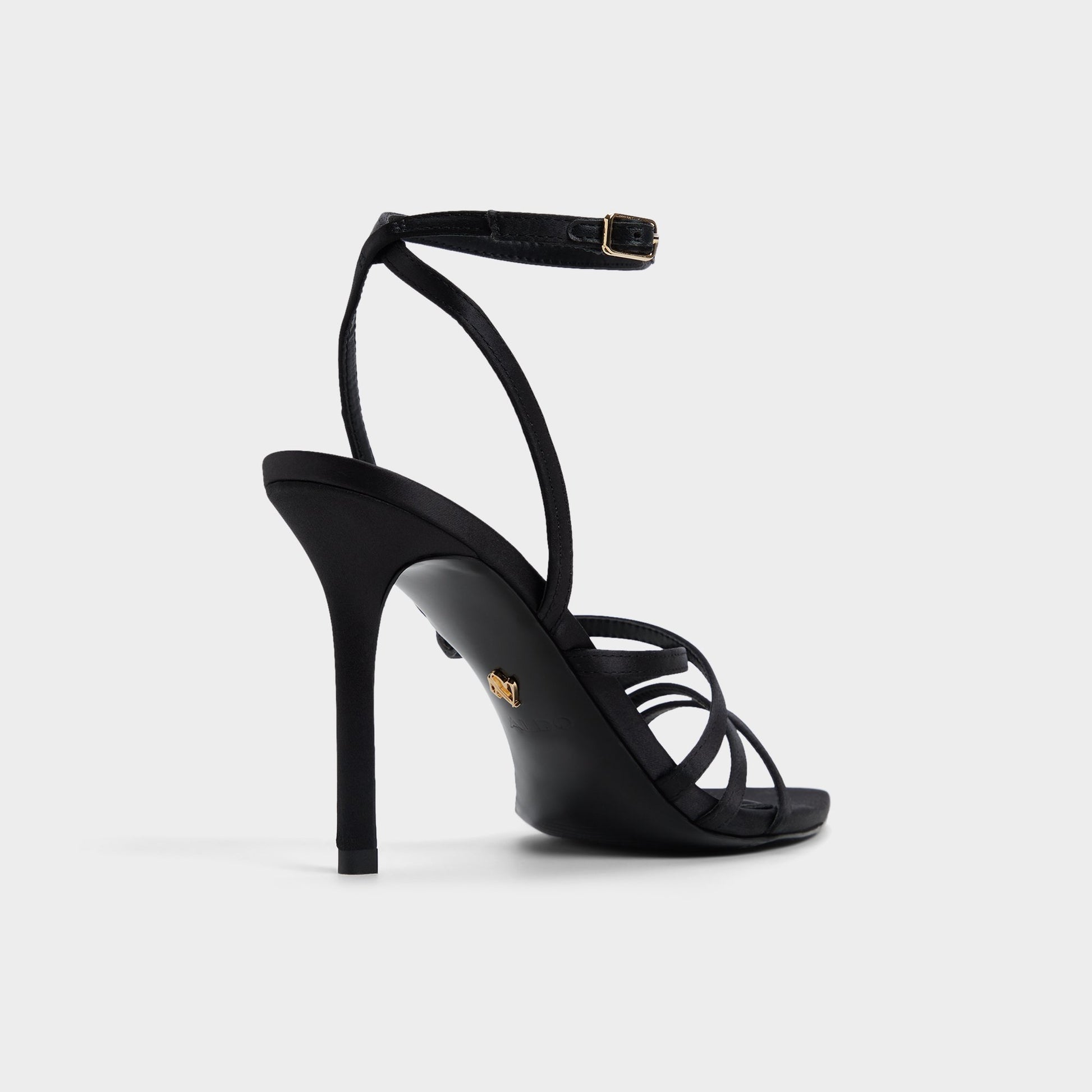 Three-quarter angle of Black Solania Strappy heeled sandal's back side