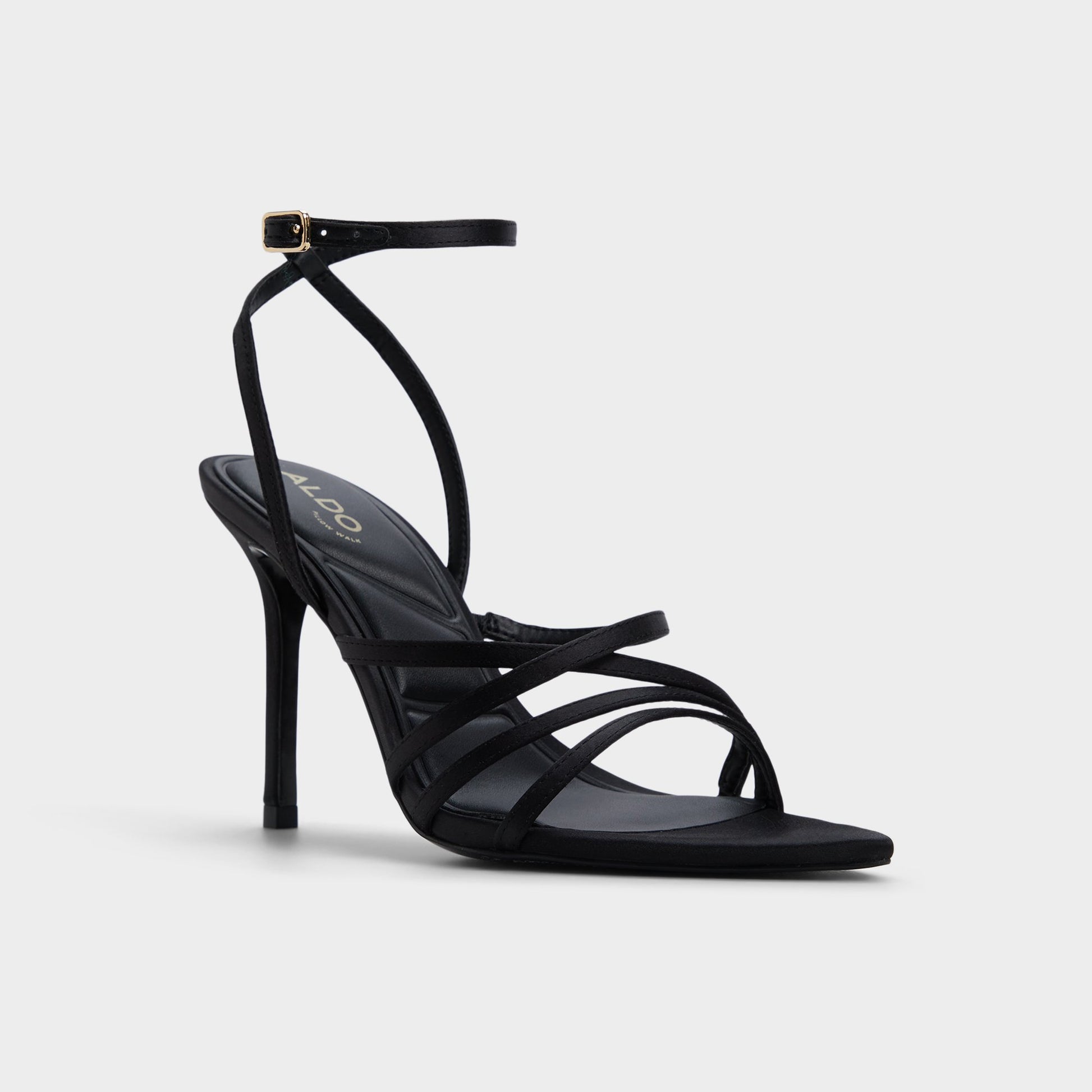 Three-quarter angle of Black Solania Strappy heeled sandal's front side