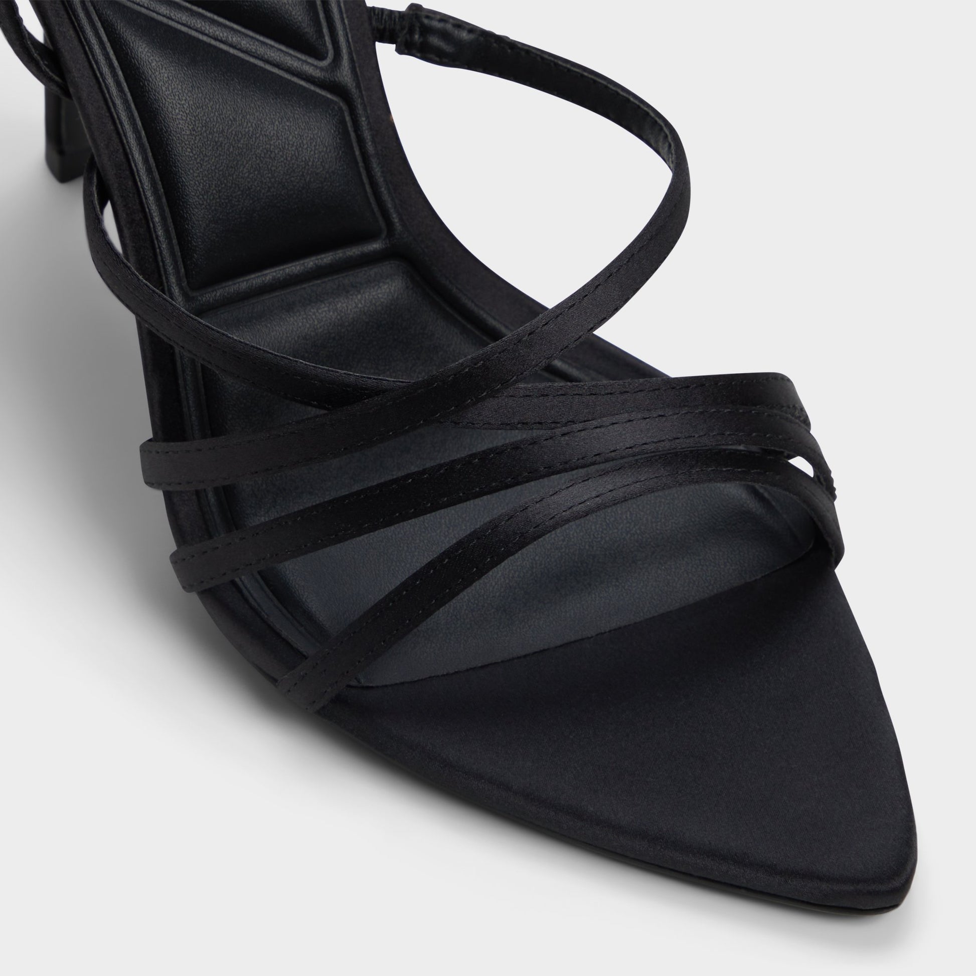 Close-up of the Black Solania Strappy heeled sandal