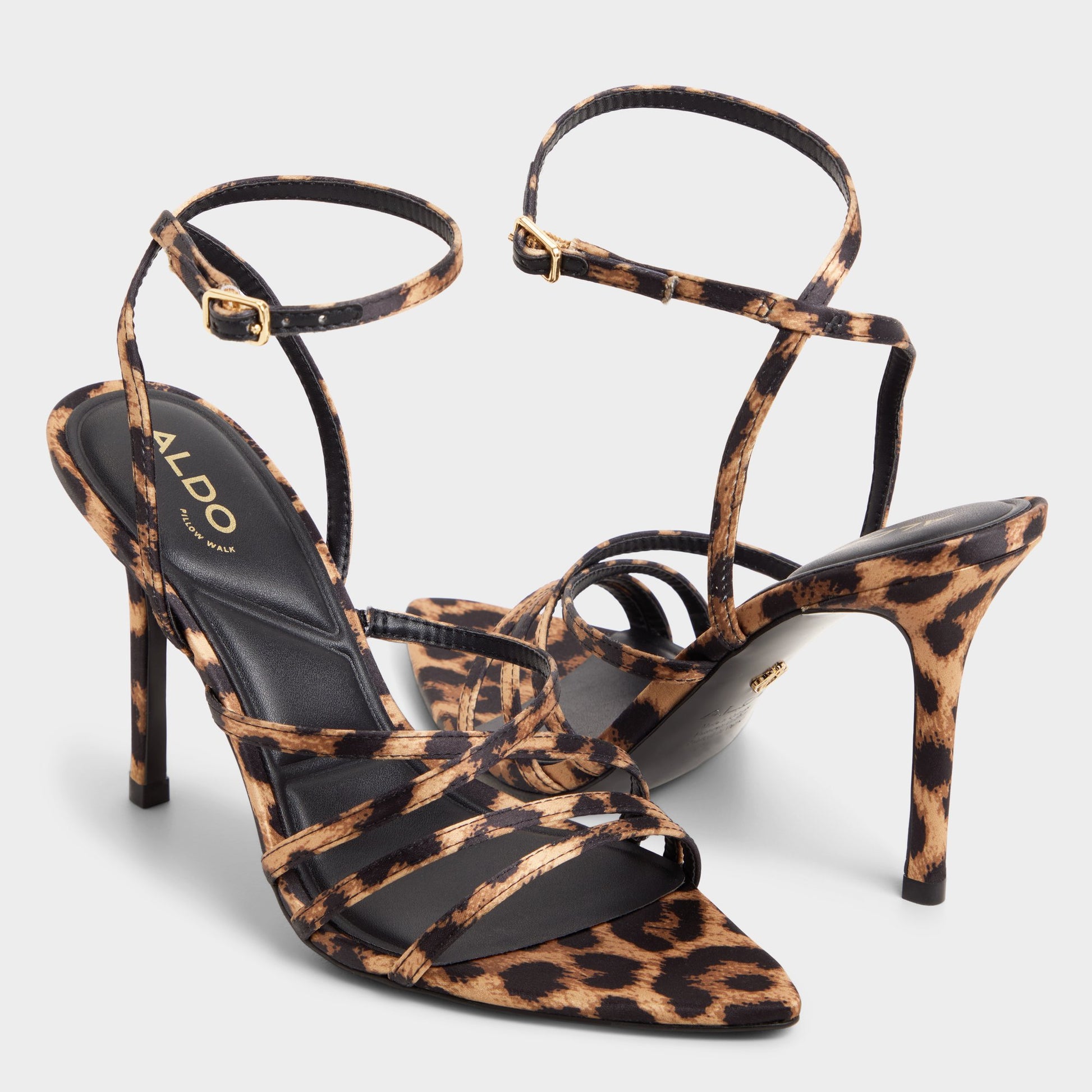Highlighted view of a pair of Brown Multi Solania Strappy heeled sandals