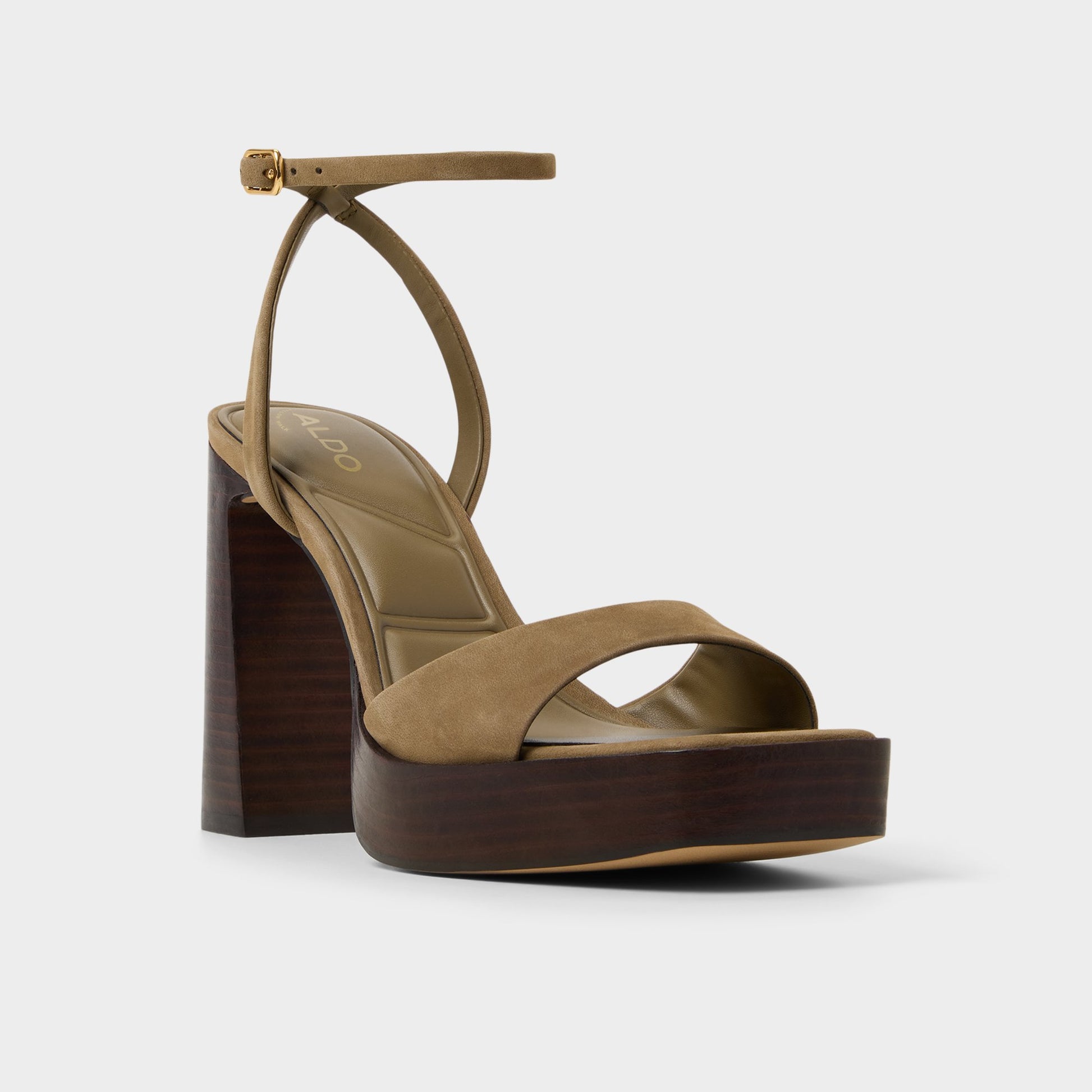 Three-quarter angle of Other Green Lothon Strappy heeled sandal's front side