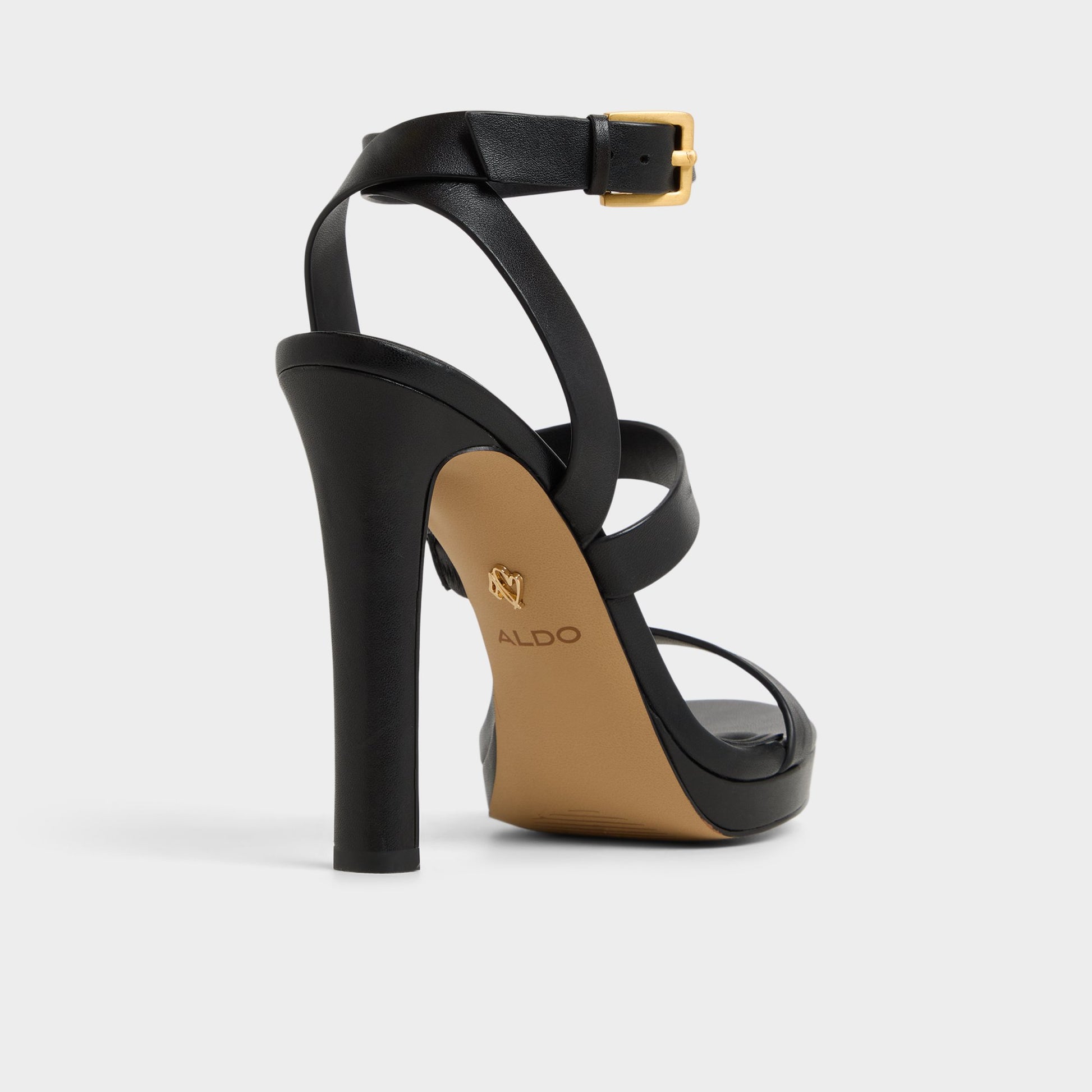 Three-quarter angle of Black Kardy Strappy heeled sandal's back side