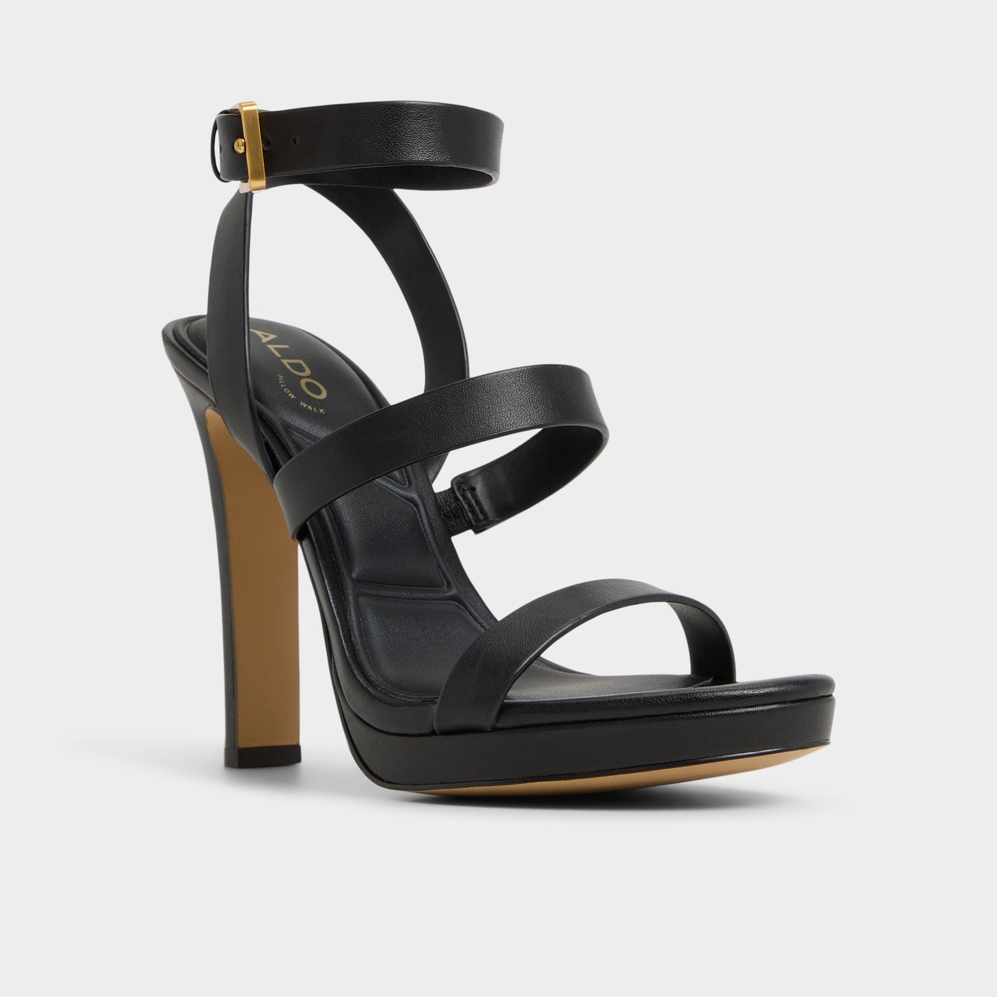 Three-quarter angle of Black Kardy Strappy heeled sandal's front side