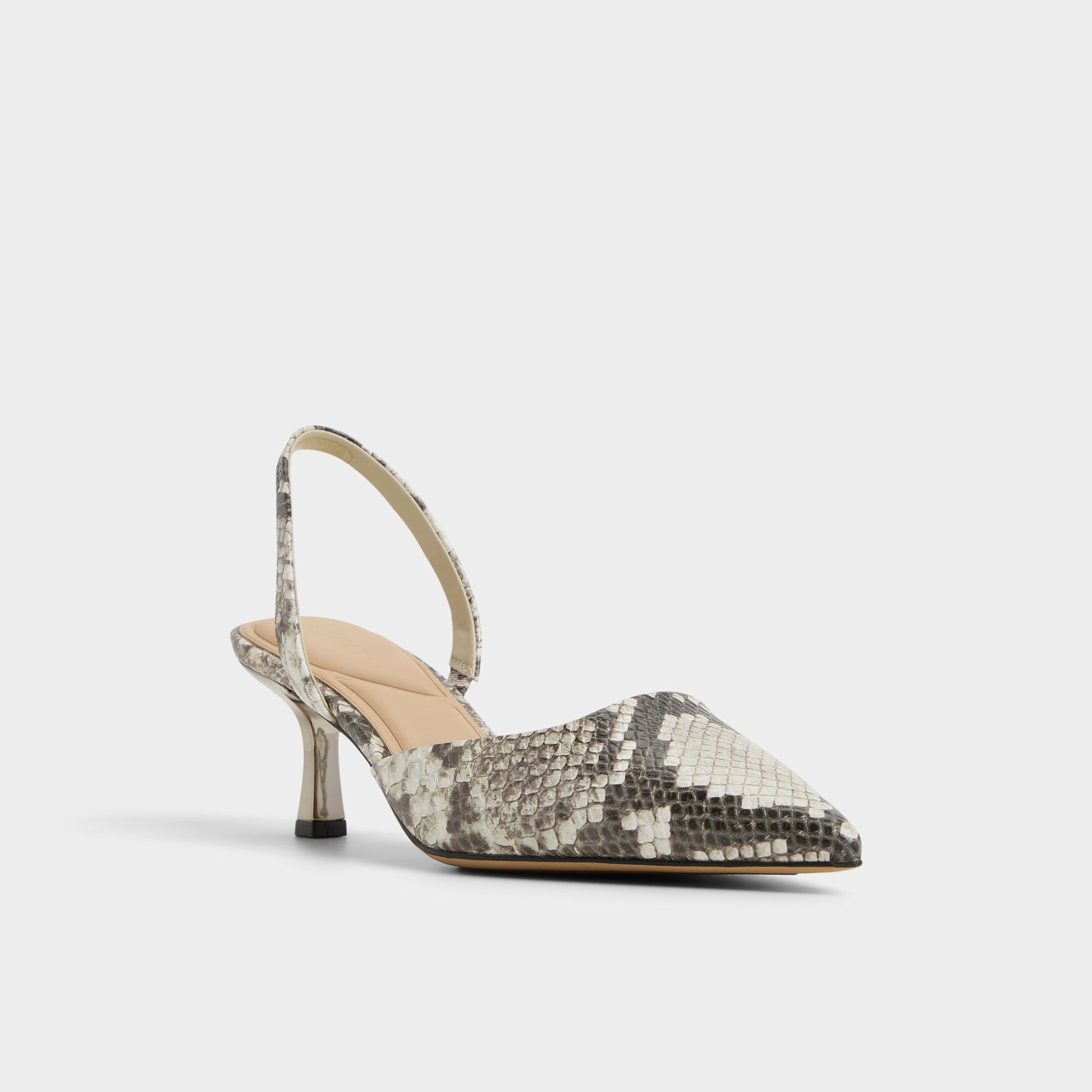Three-quarter angle of White/Black Gavedessi Slingback heel's front side