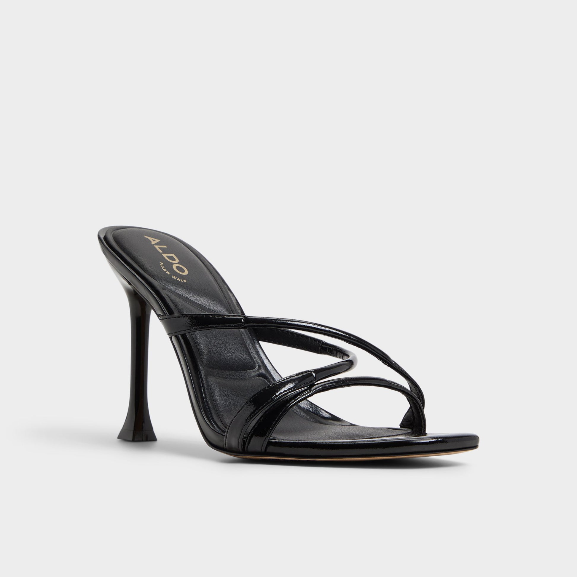 Three-quarter angle of Black Velaia Heeled mule's front side