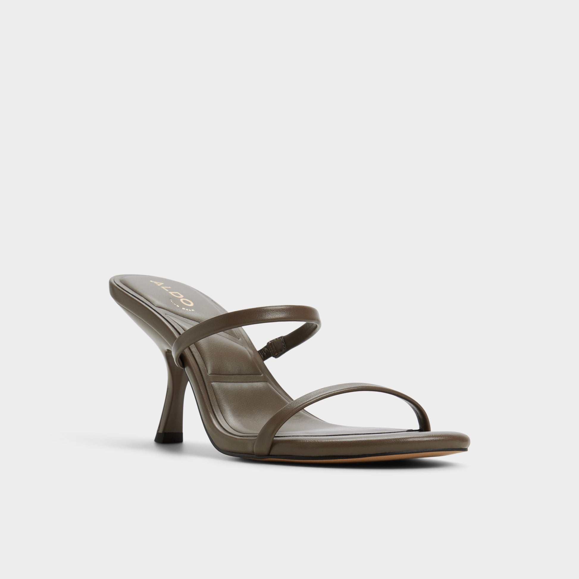 Three-quarter angle of Khaki Avelinda Heeled mule's front side
