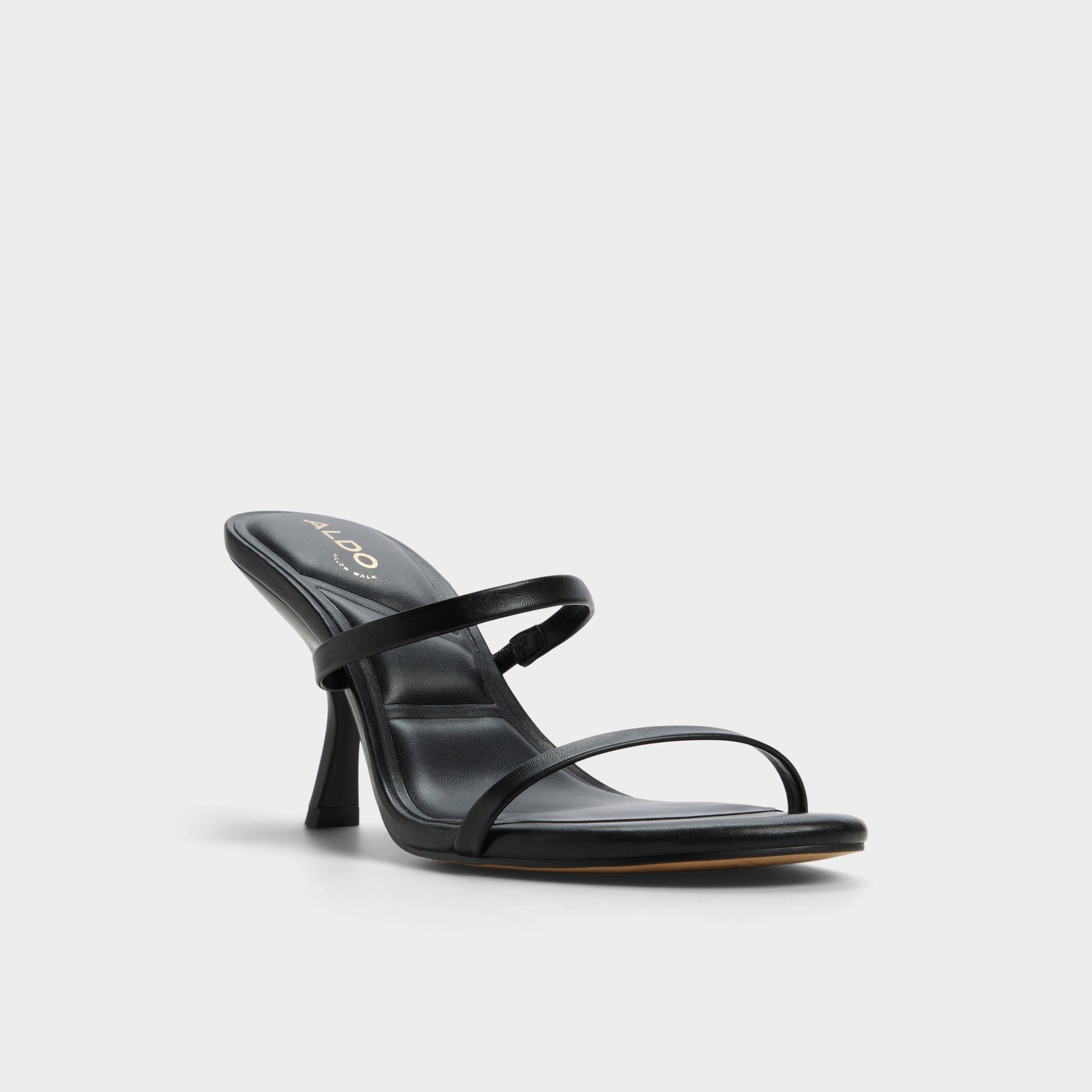 Three-quarter angle of Black Avelinda Heeled mule's front side