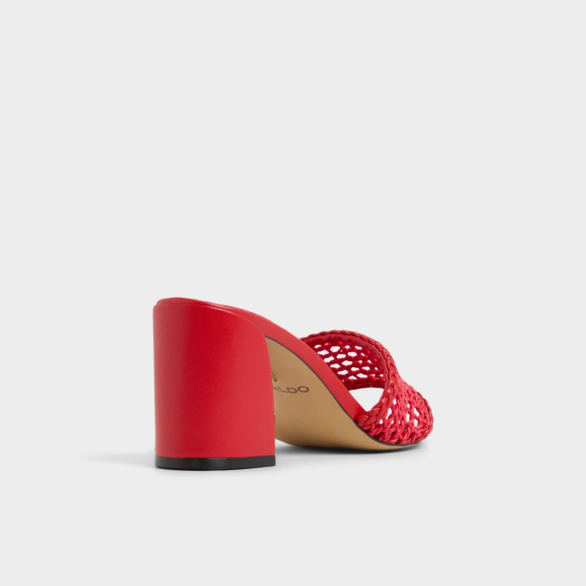 Three-quarter angle of Bright Red Beachdate Heeled mule's back side