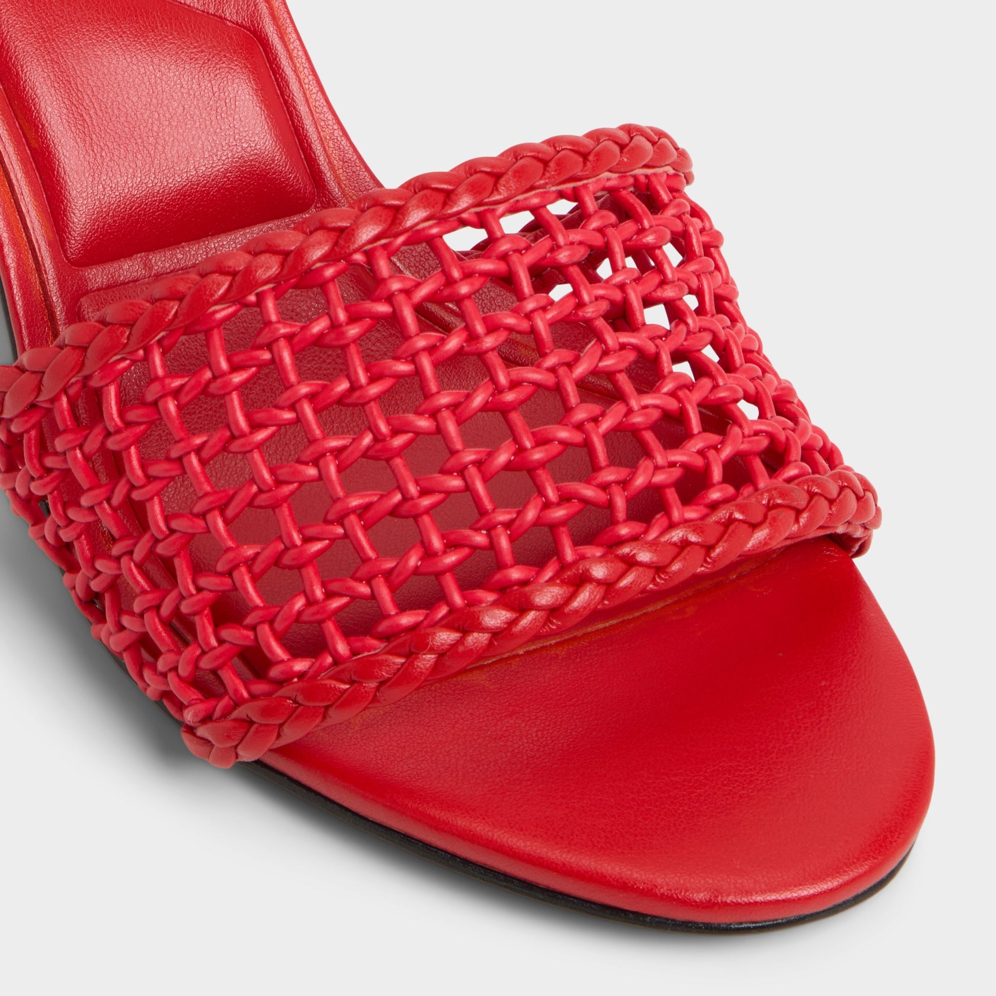 Close-up of the Bright Red Beachdate Heeled mule
