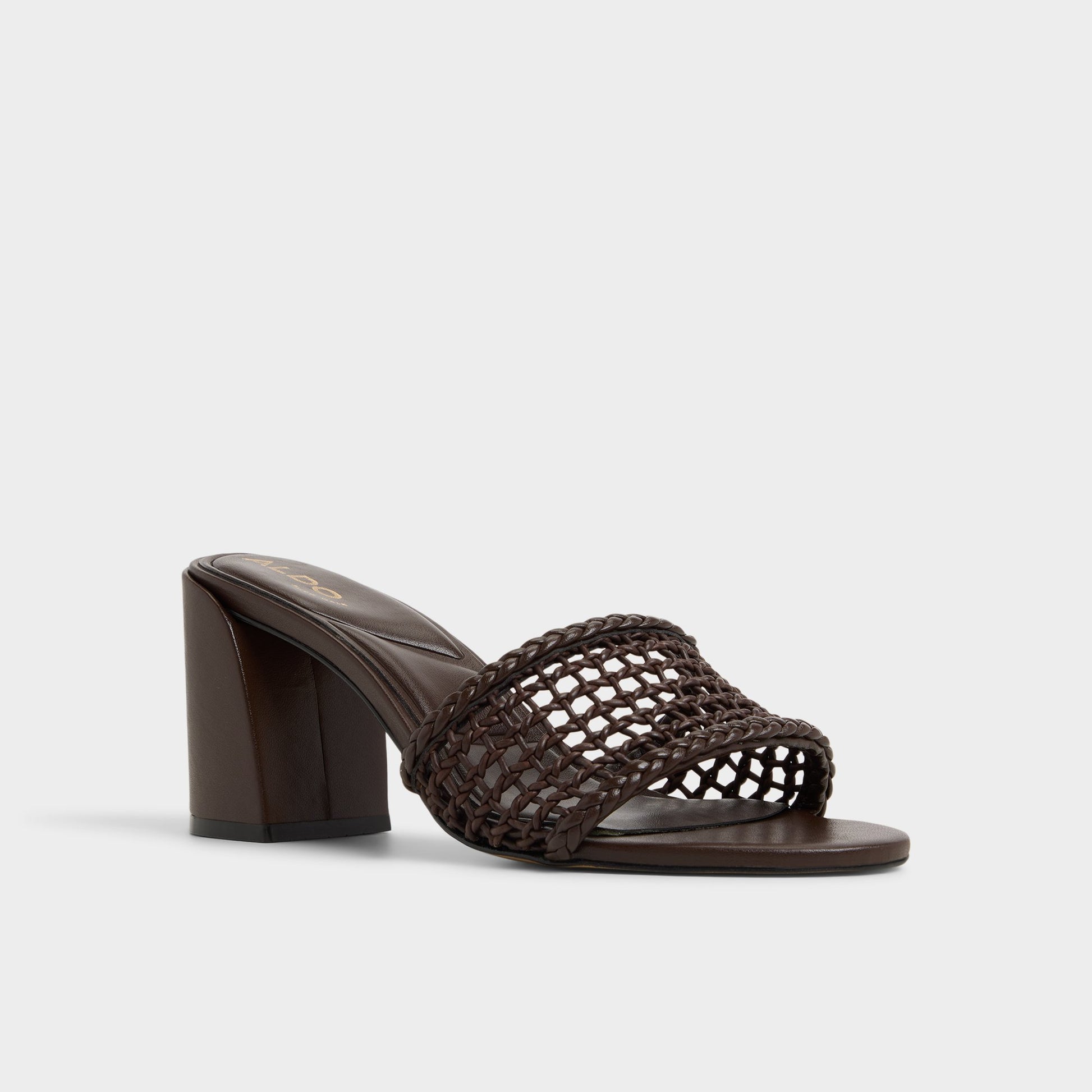 Three-quarter angle of Dark Brown Beachdate Heeled mule's front side