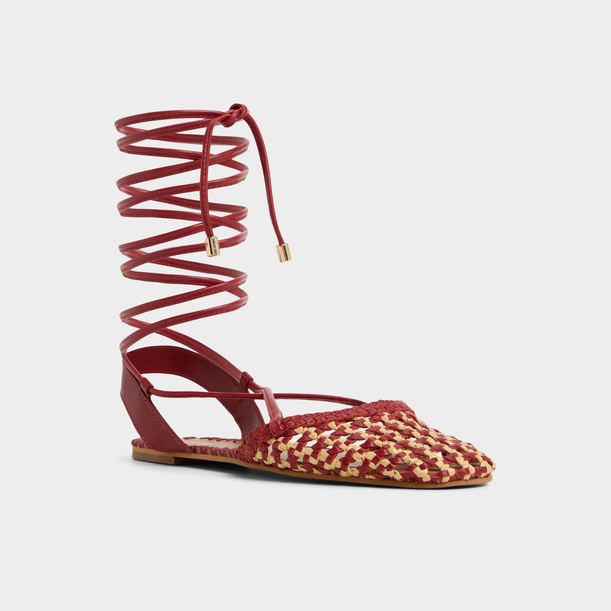 Three-quarter angle of Open Red Dragostee Strappy flat sandal's front side