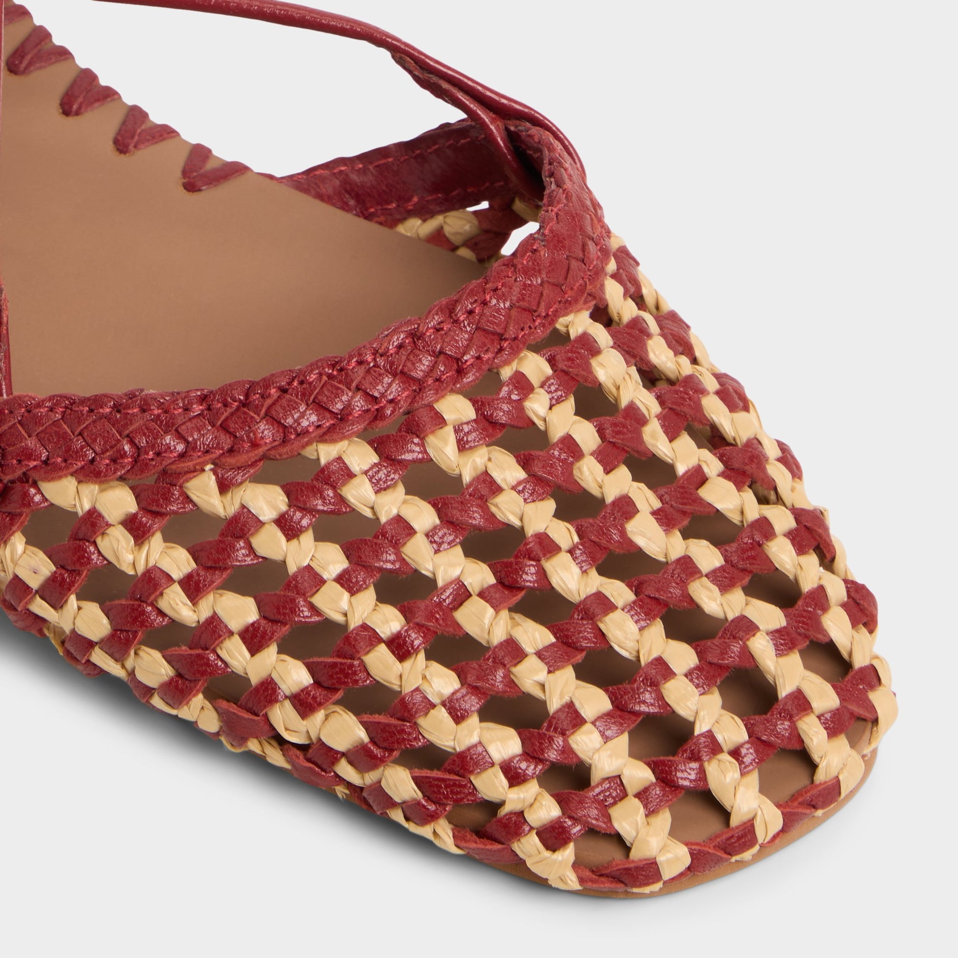 Close-up of the Open Red Dragostee Strappy flat sandal