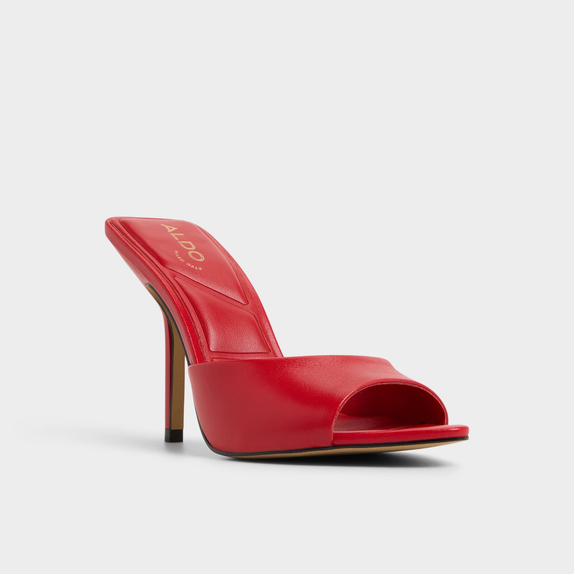 Three-quarter angle of Bright Red Madelan Heeled mule's front side