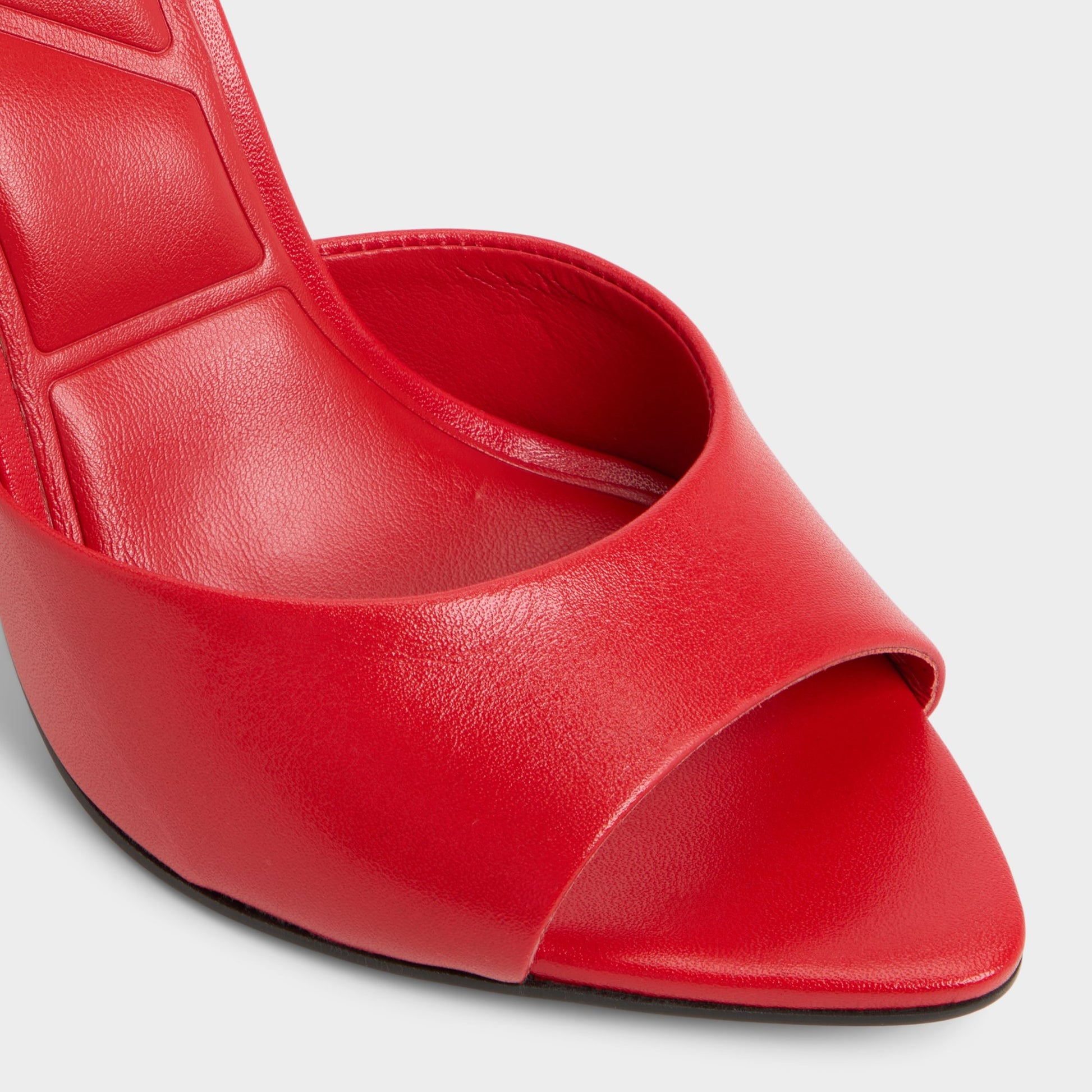 Close-up of the Bright Red Madelan Heeled mule