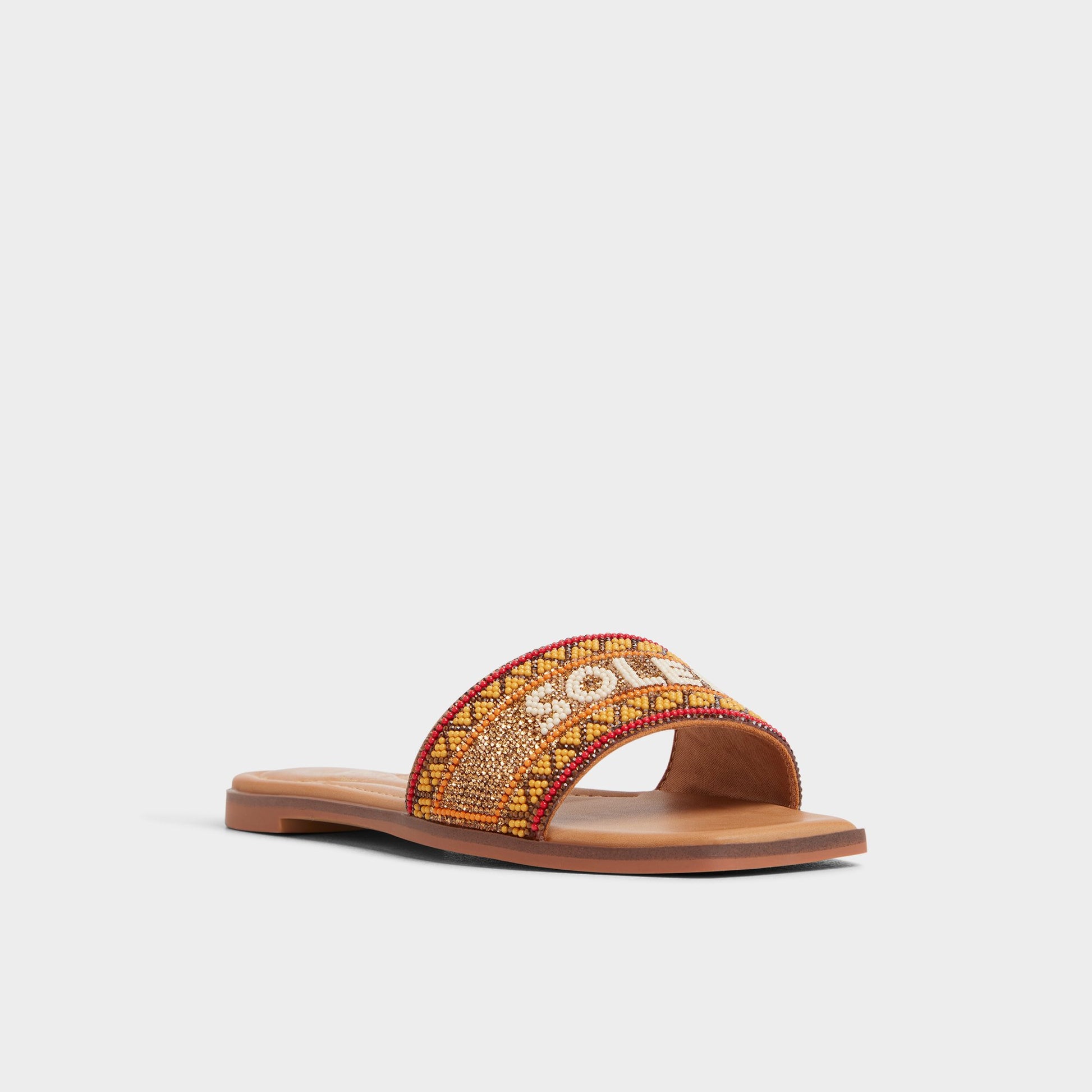 Three-quarter angle of Brown Multi Seavacay Slide sandal's front side