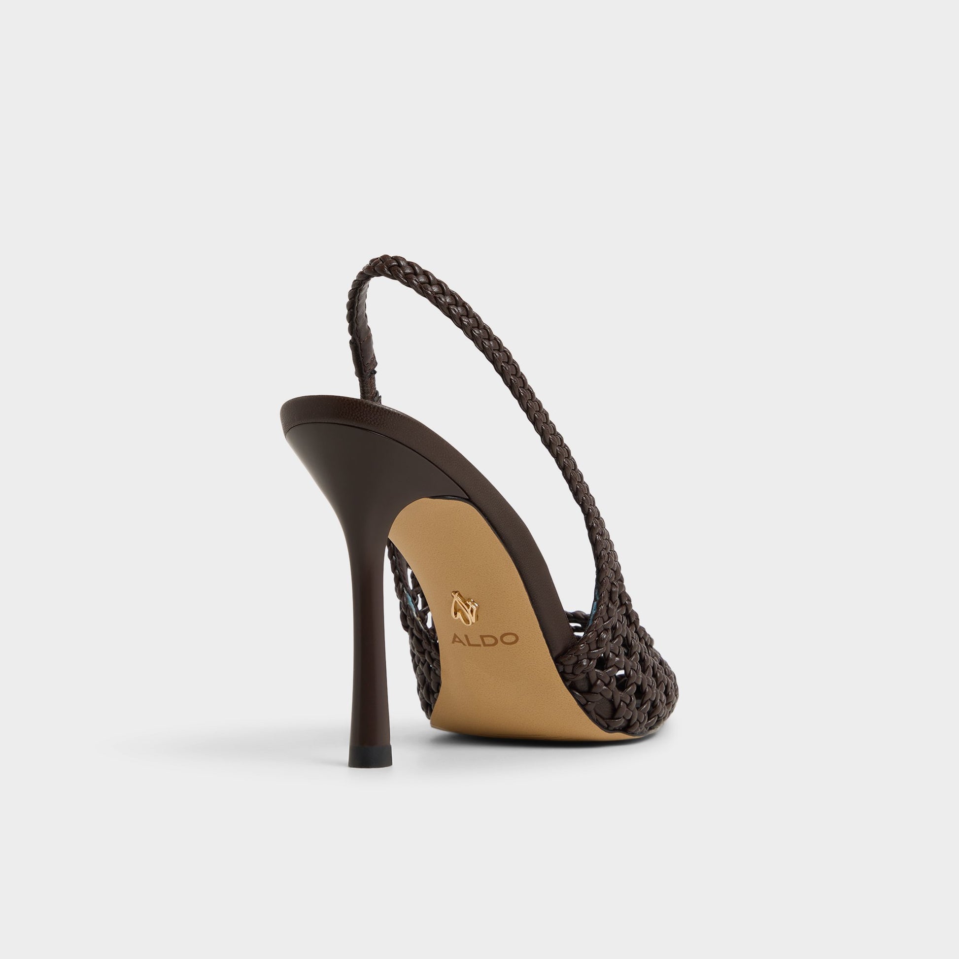 Three-quarter angle of Dark Brown Petras Slingback heel's back side