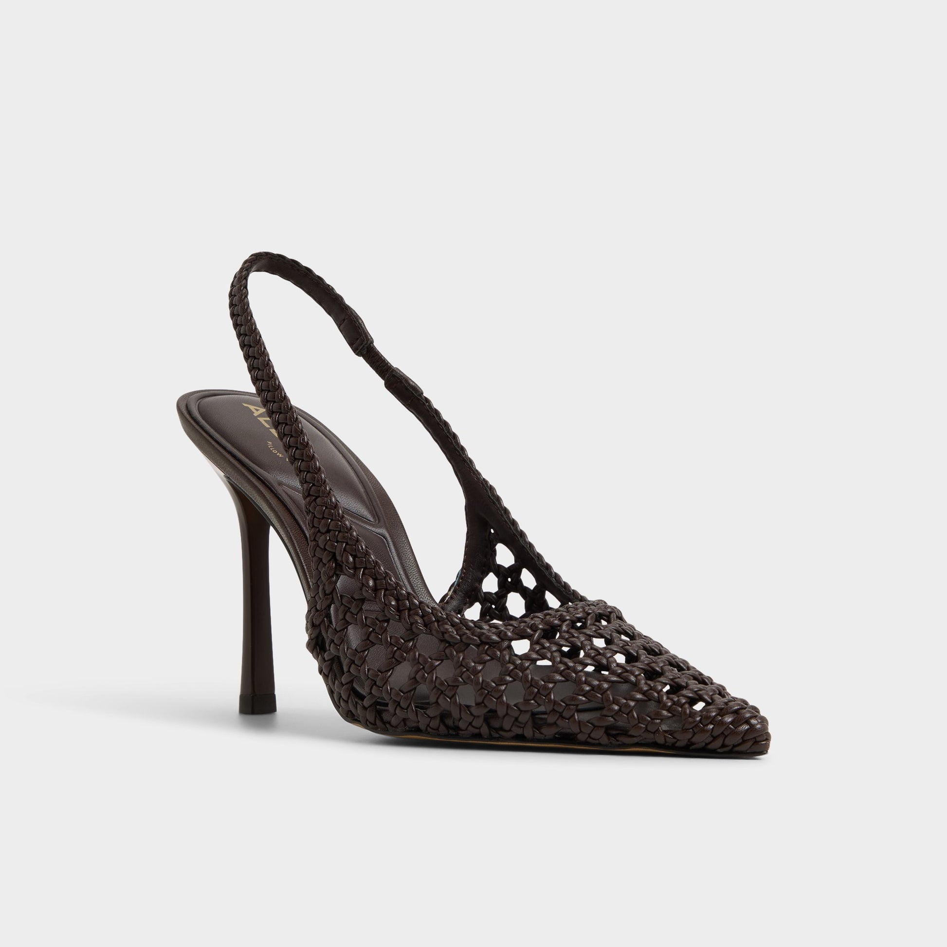 Three-quarter angle of Dark Brown Petras Slingback heel's front side