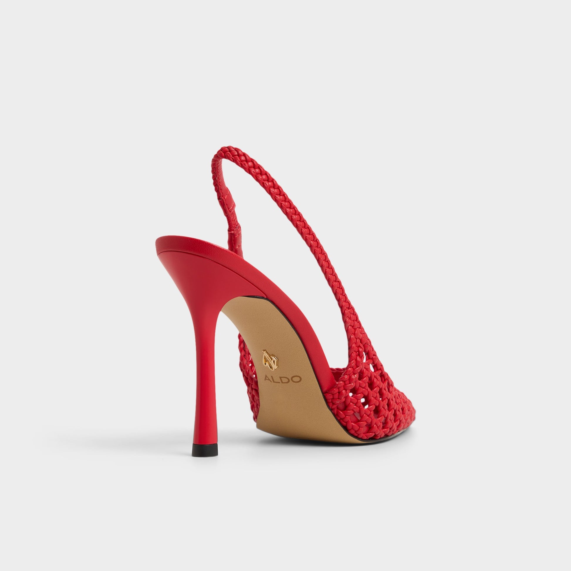Three-quarter angle of Bright Red Petras Slingback heel's back side