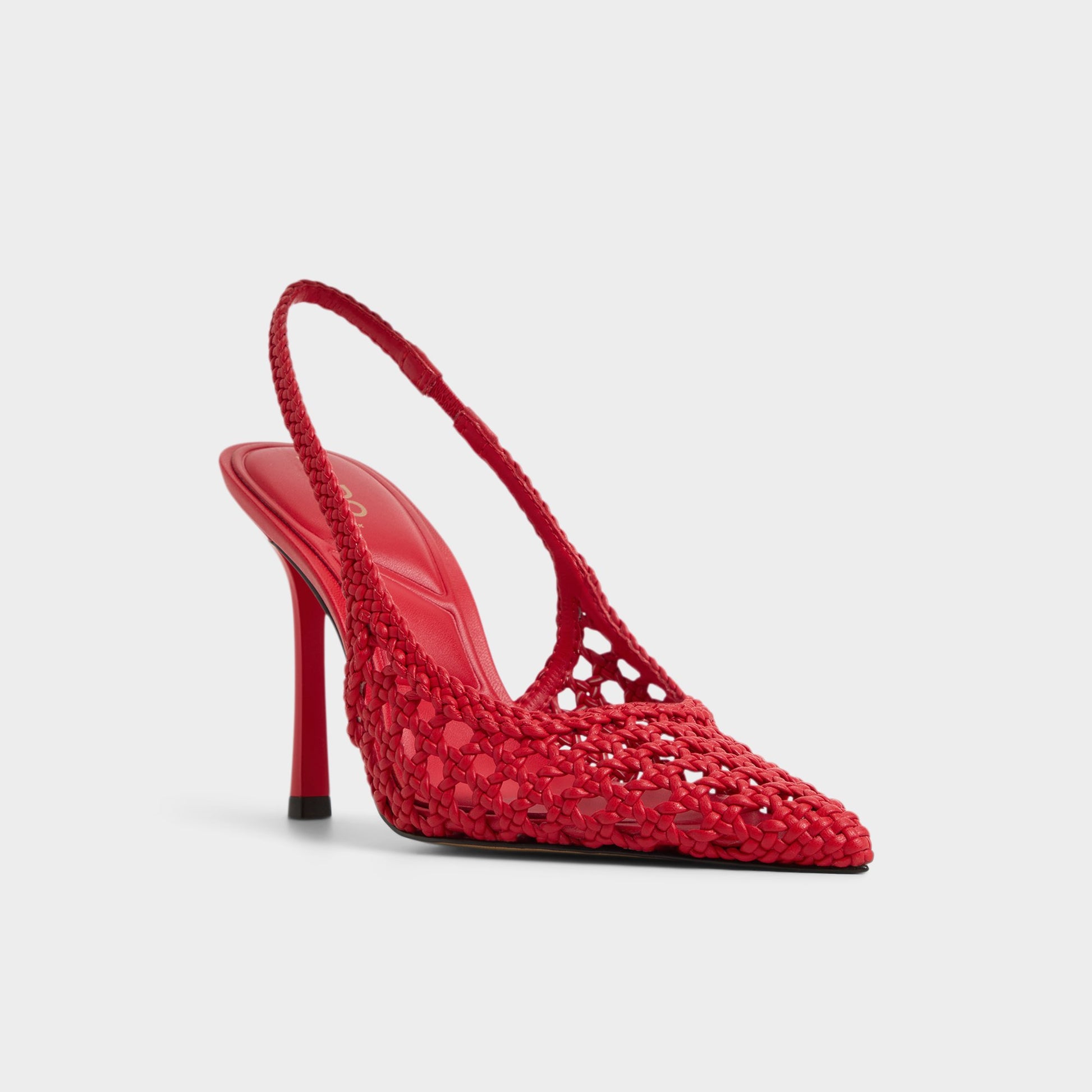 Three-quarter angle of Bright Red Petras Slingback heel's front side