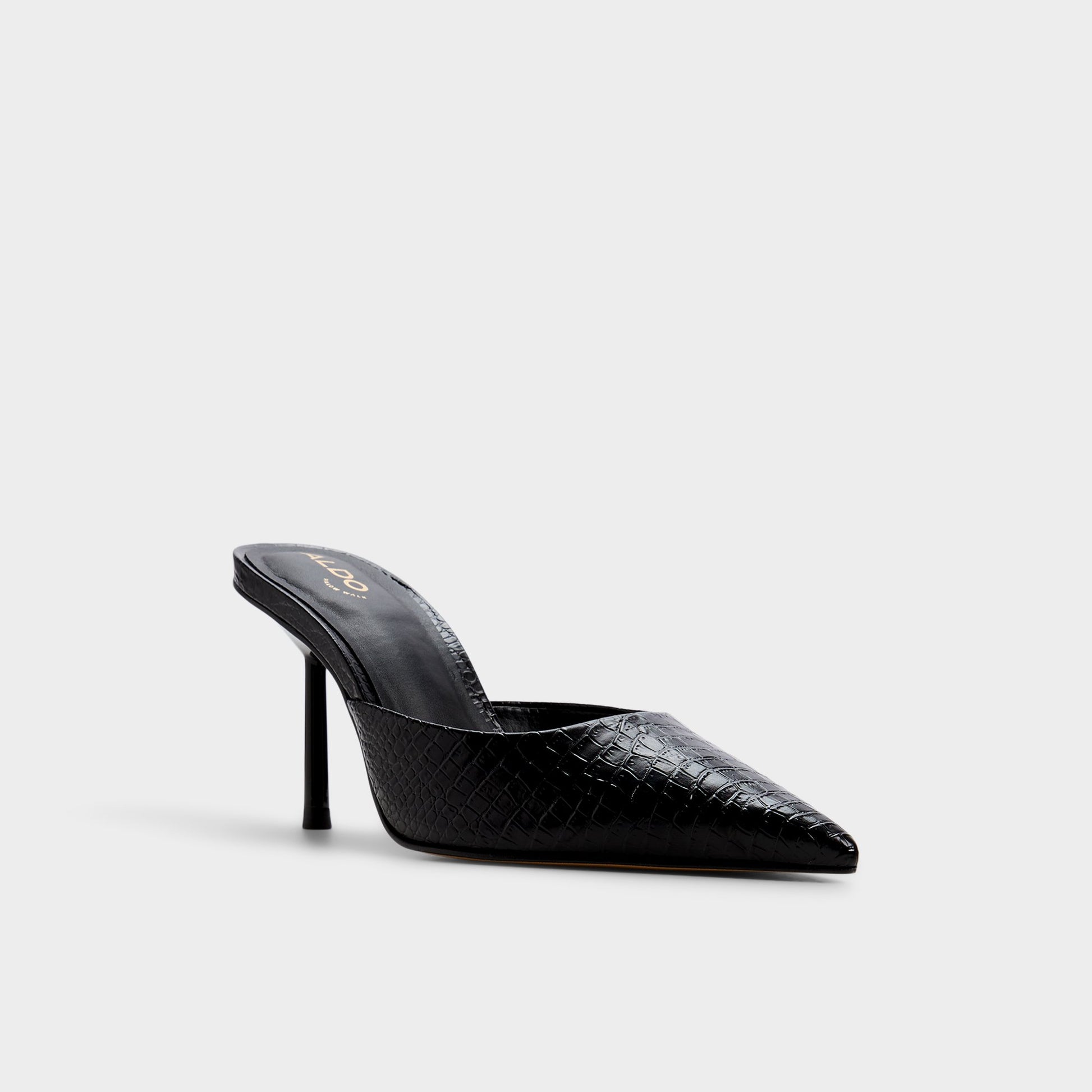 Three-quarter angle of Black Beatrixy Heeled mule's front side
