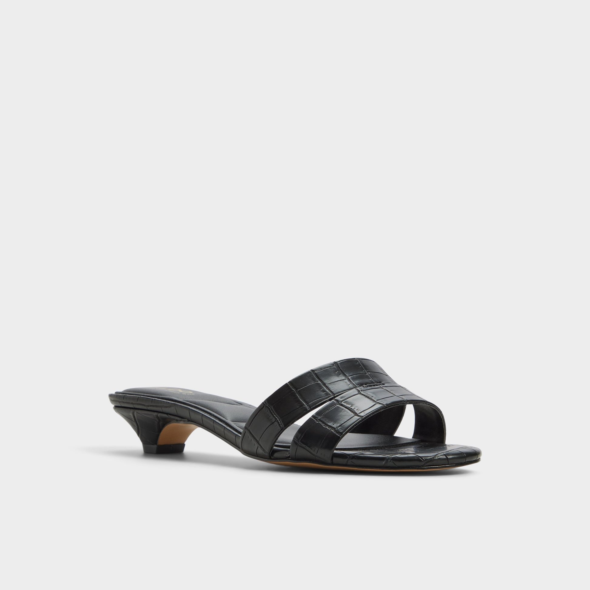 Three-quarter angle of Black Scarletta Heeled mule's front side