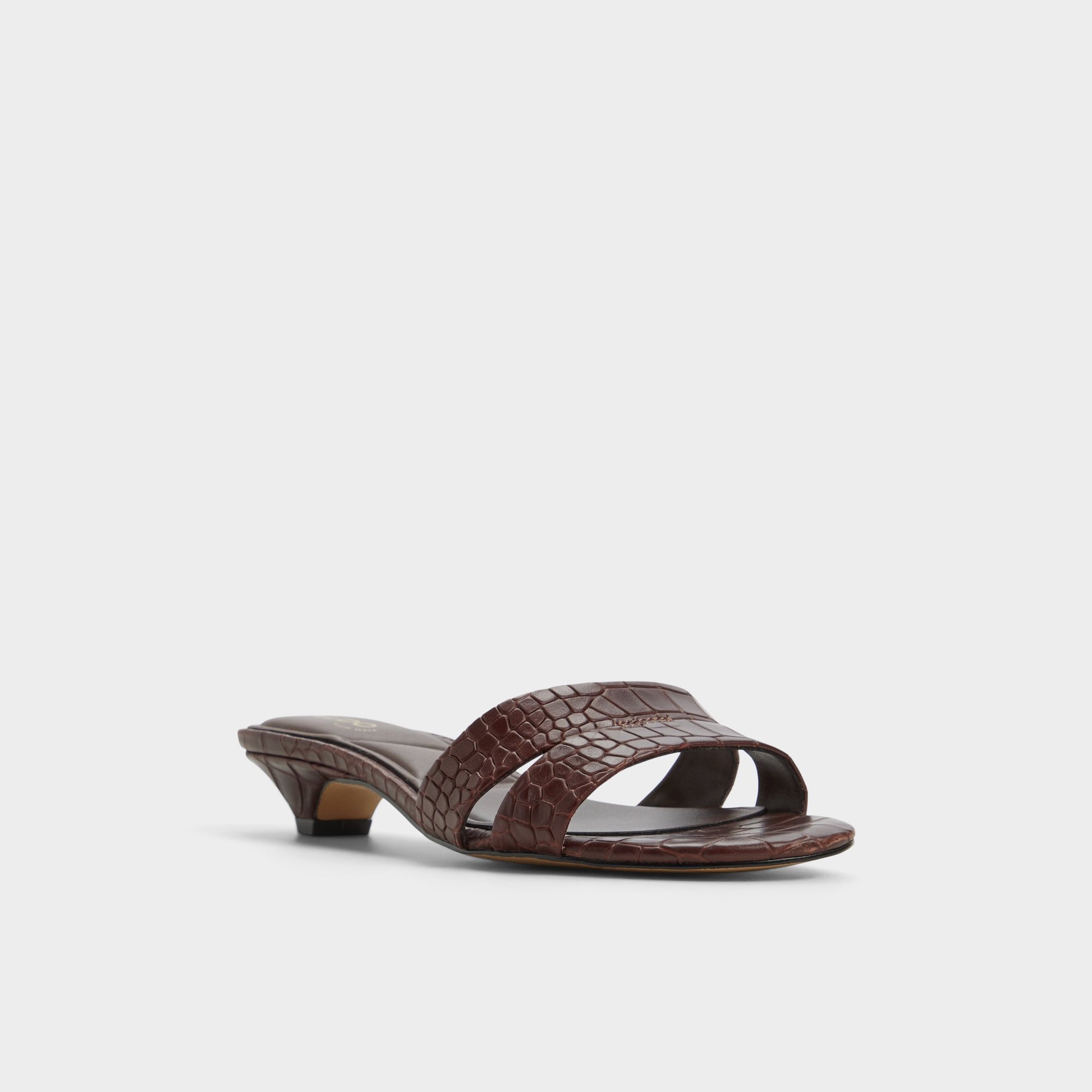 Three-quarter angle of Dark Brown Scarletta Heeled mule's front side