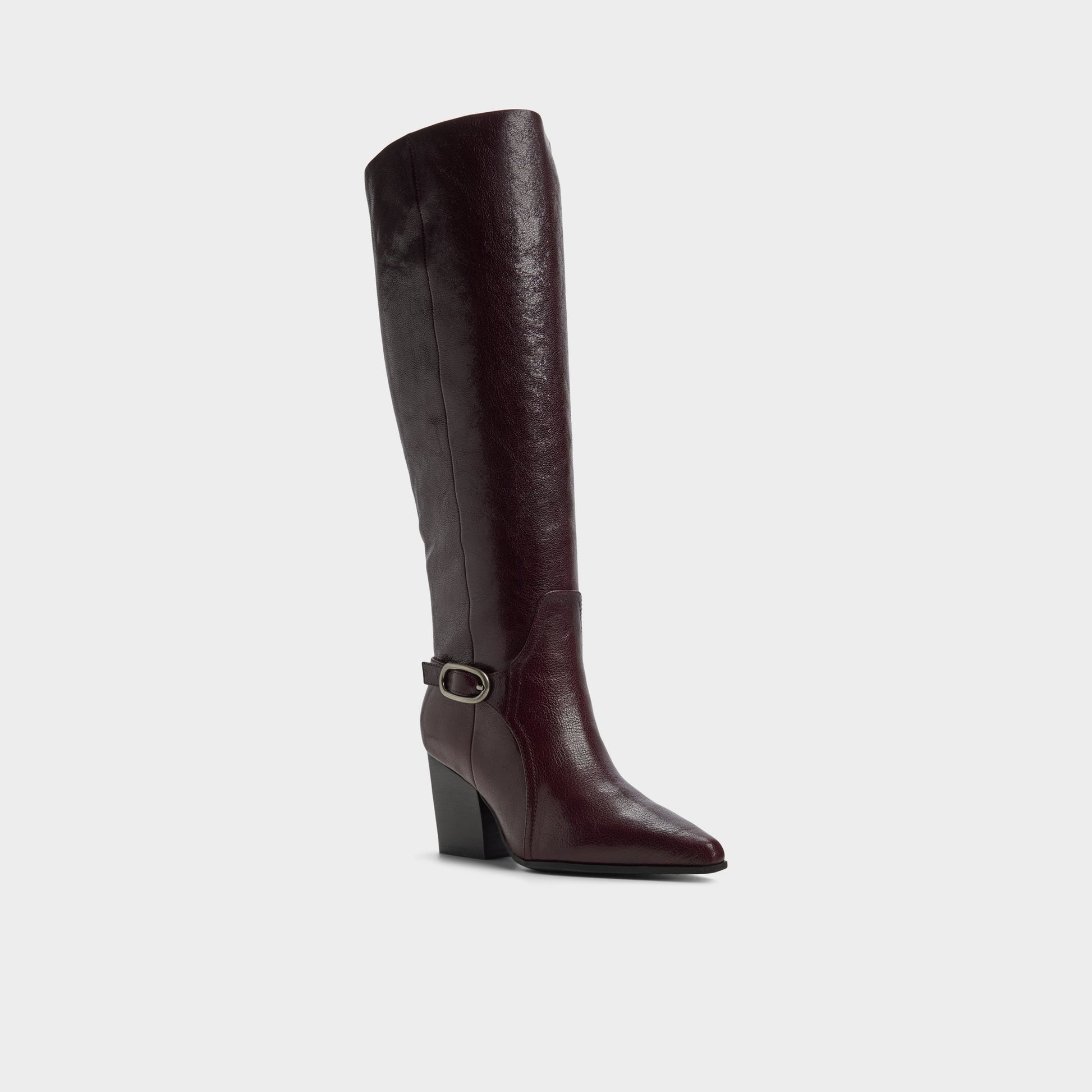 Three-quarter angle of Bordo Saddle Knee-high boot's front side