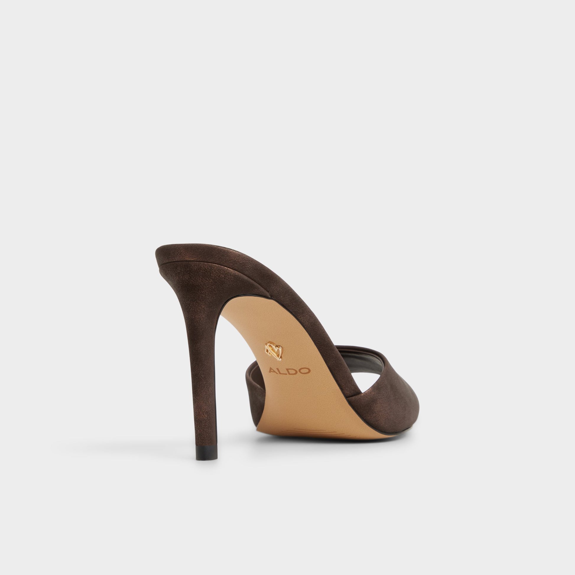 Three-quarter angle of Dark Brown Anniebrilden Heeled mule's back side