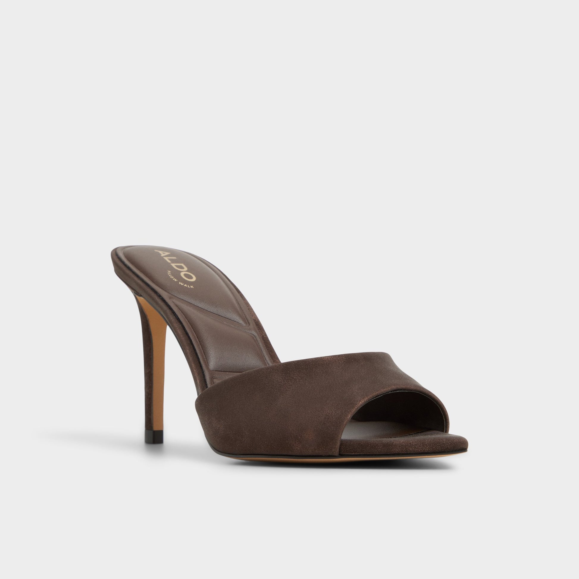 Three-quarter angle of Dark Brown Anniebrilden Heeled mule's front side