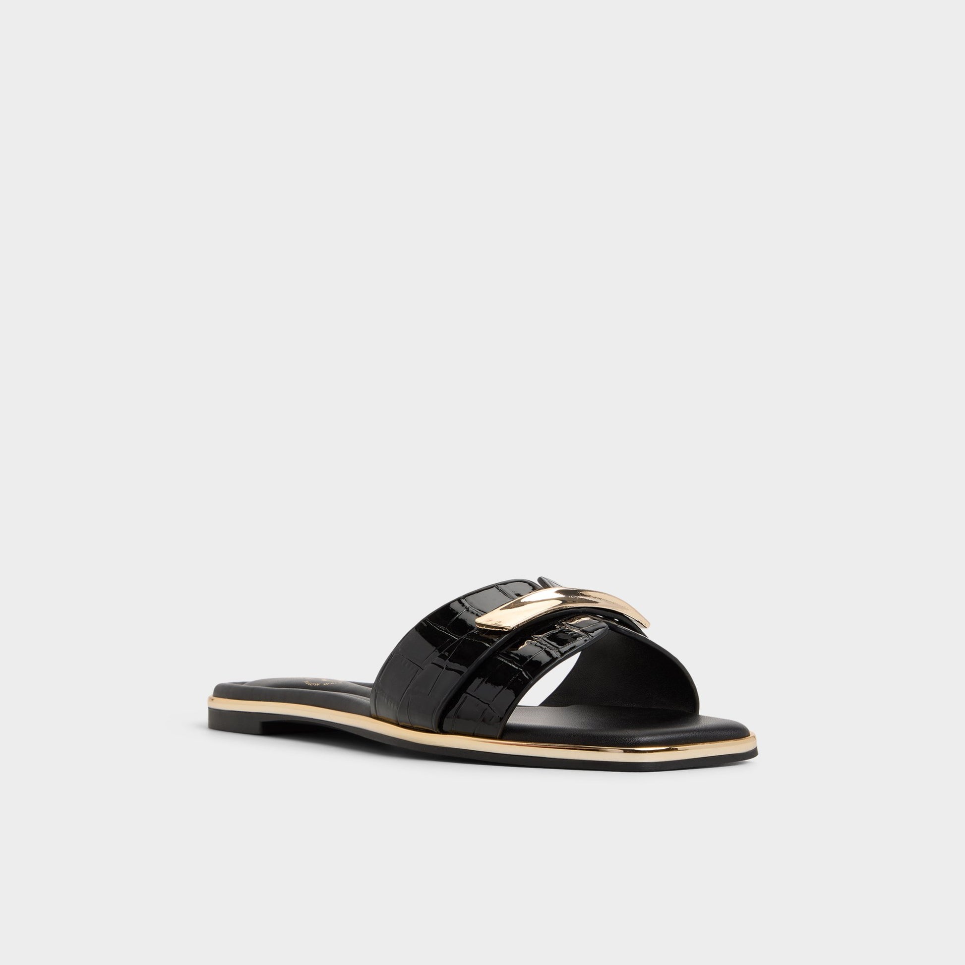 Three-quarter angle of Black Darlina Slide sandal's front side