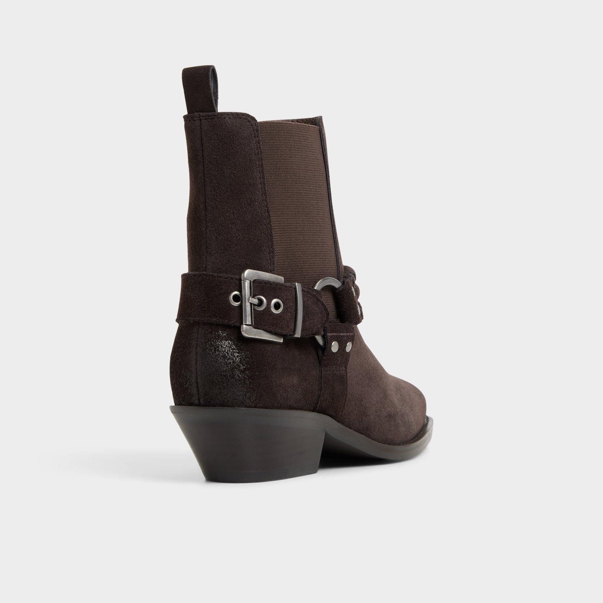 Three-quarter angle of Dark Brown Erogar Motorcycle ankle boot's back side