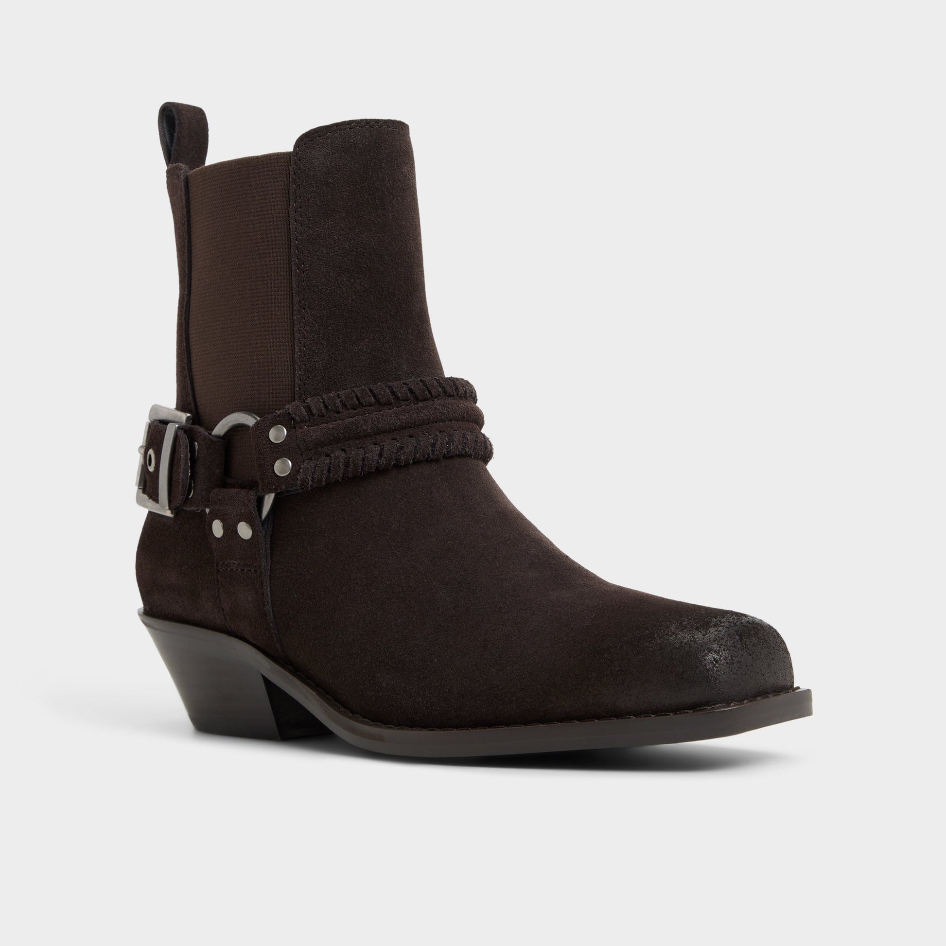 Three-quarter angle of Dark Brown Erogar Motorcycle ankle boot's front side