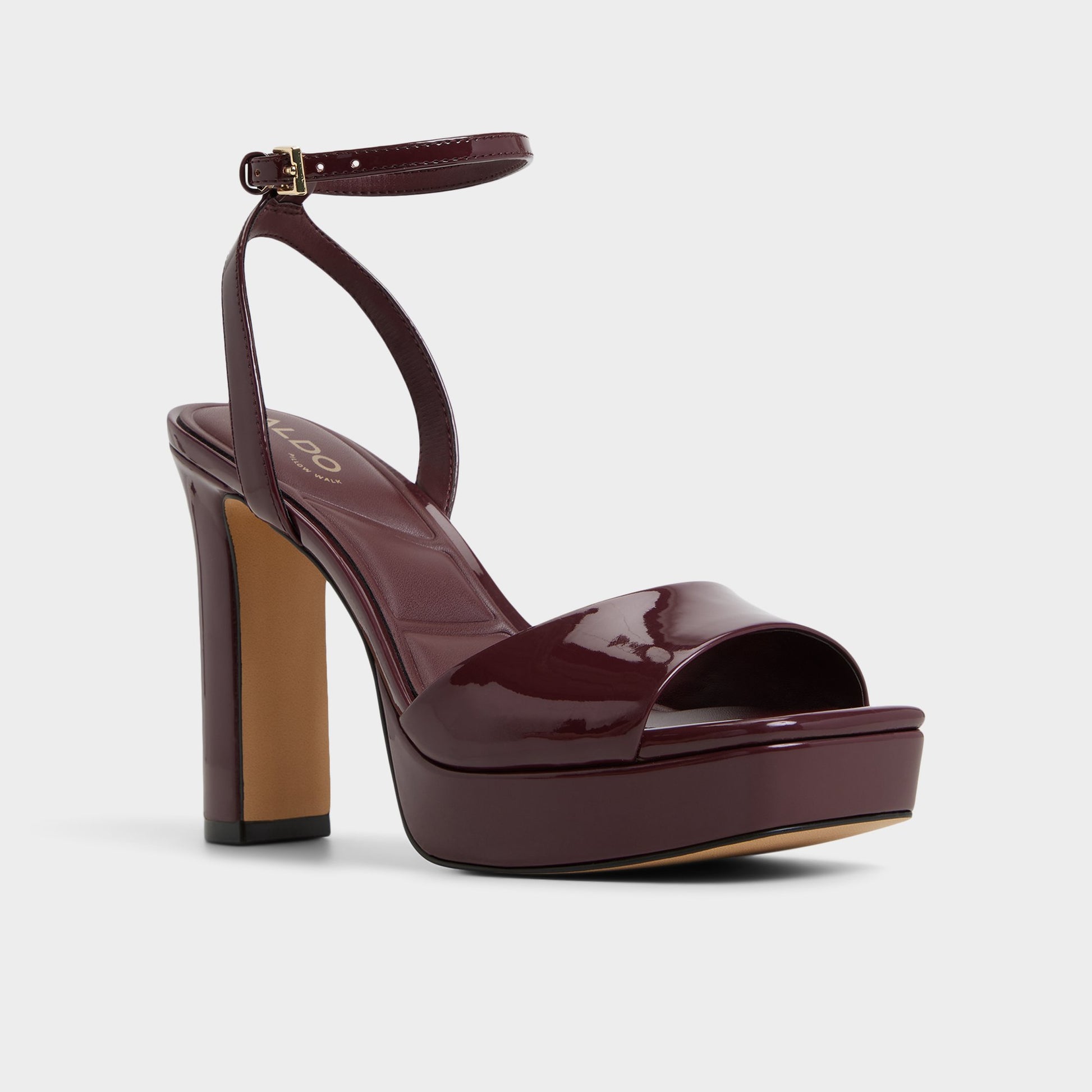 Three-quarter angle of Bordo Chicgleam Heeled sandal's front side