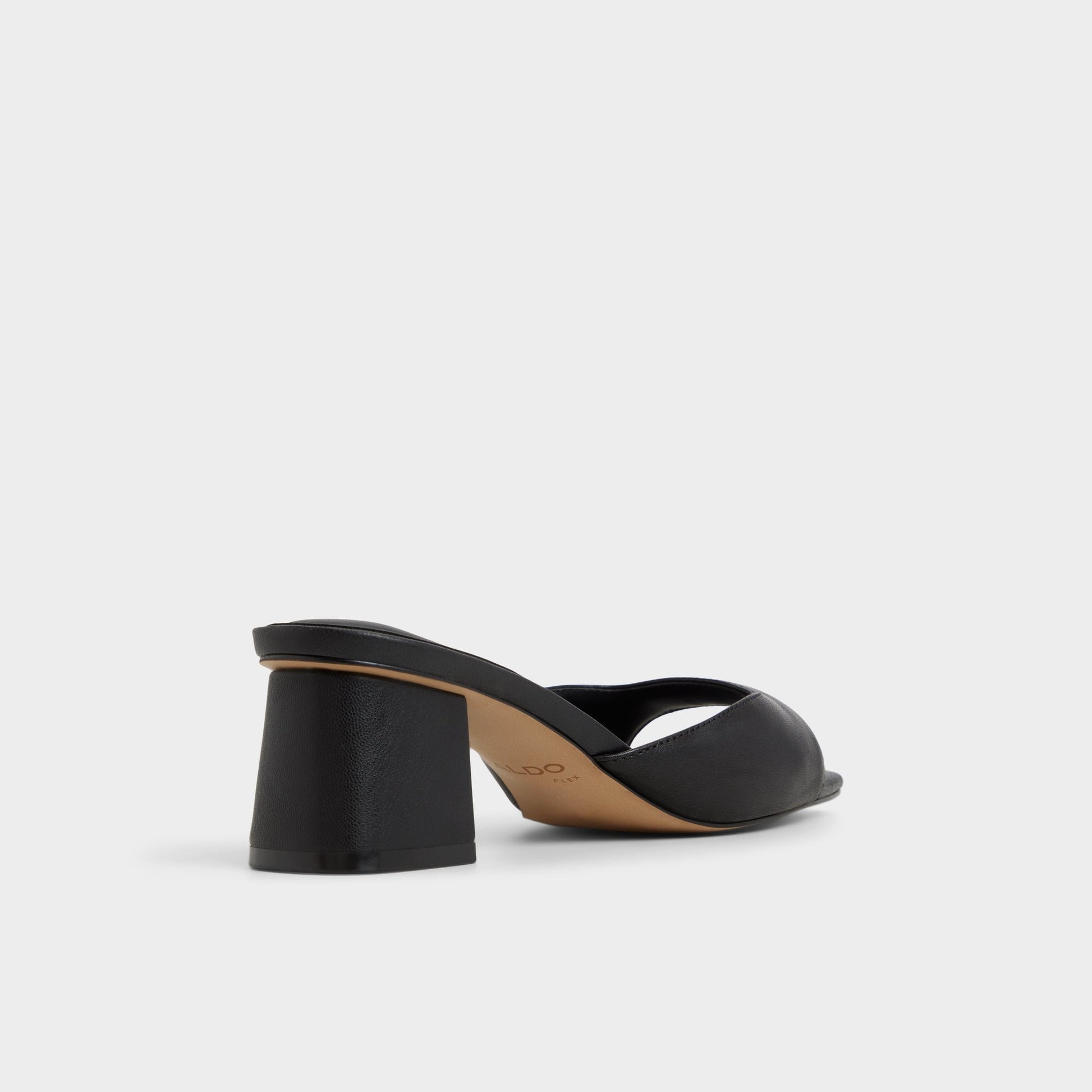 Three-quarter angle of Black Aneky Heeled mule's back side