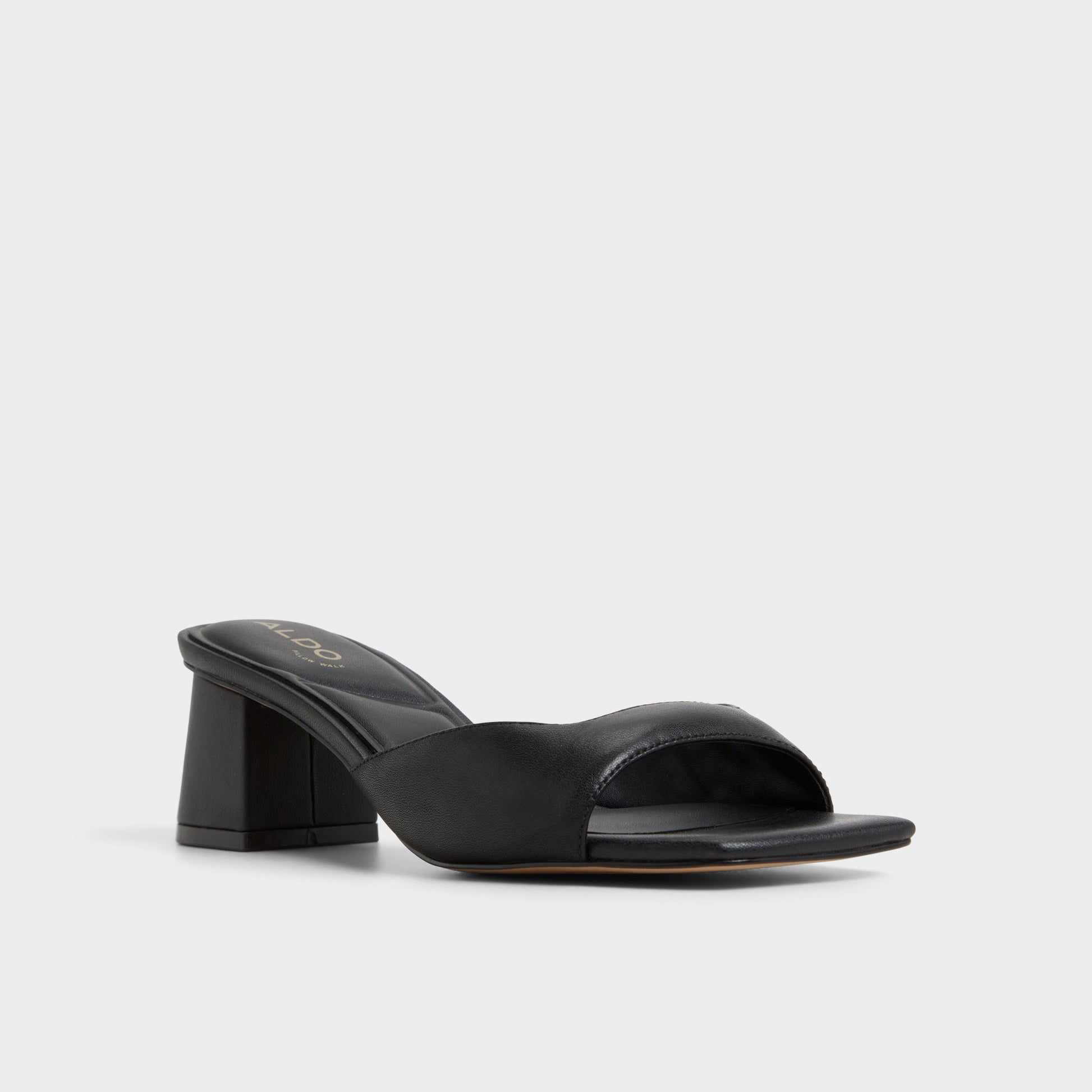 Three-quarter angle of Black Aneky Heeled mule's front side