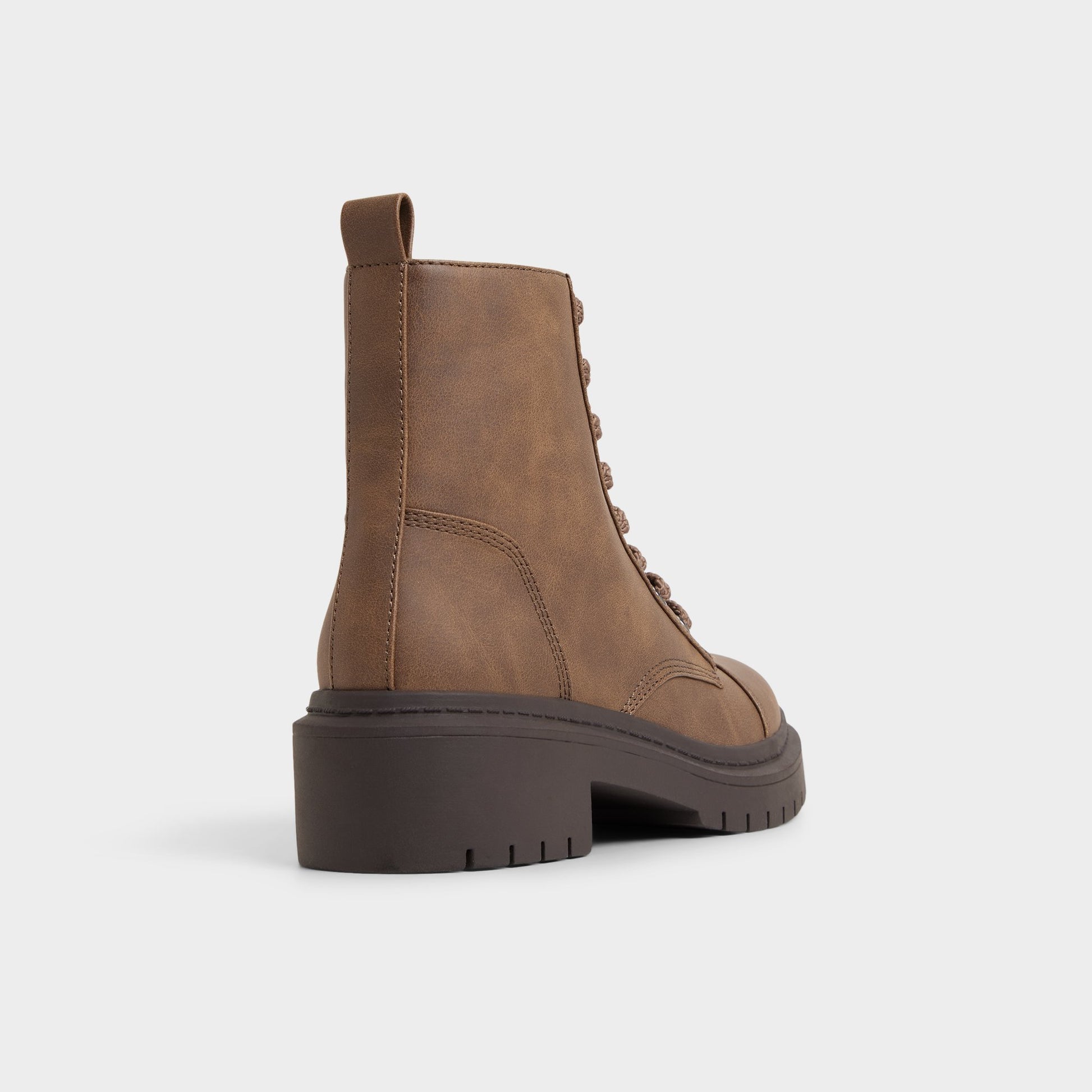 Three-quarter angle of Medium Brown Goer Combat ankle boot's back side