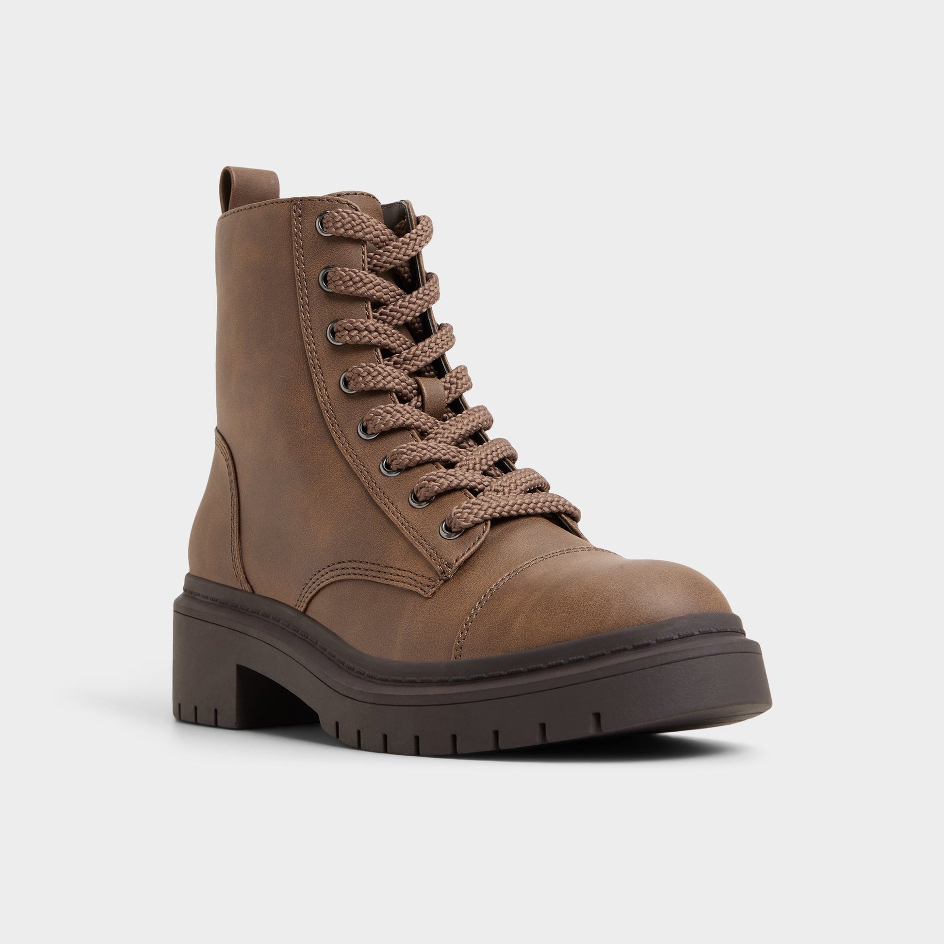 Three-quarter angle of Medium Brown Goer Combat ankle boot's front side