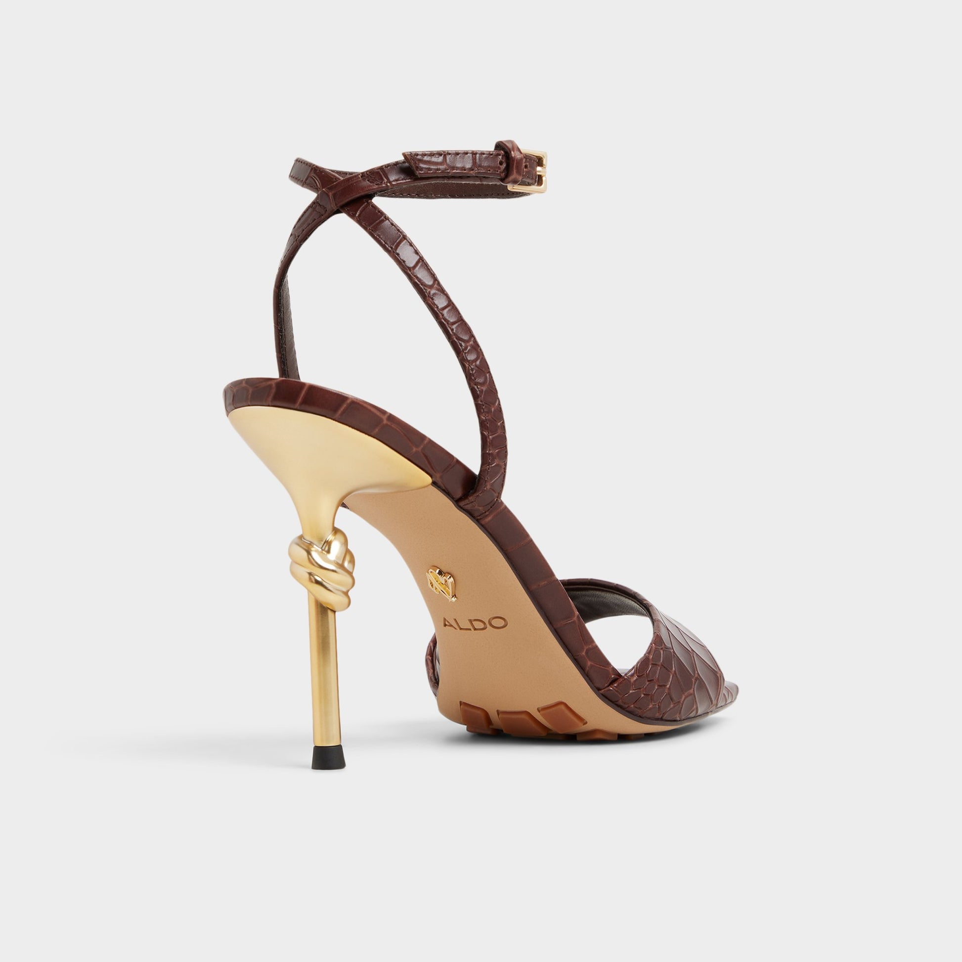 Three-quarter angle of Dark Brown Harmonious Strappy heeled sandal's back side