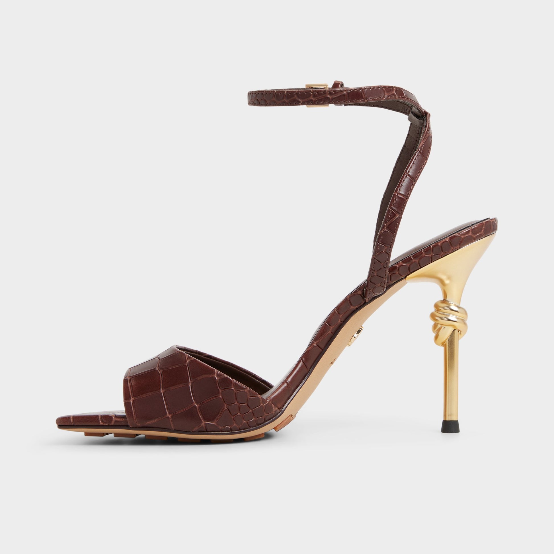 Side view of Dark Brown Harmonious Strappy heeled sandal