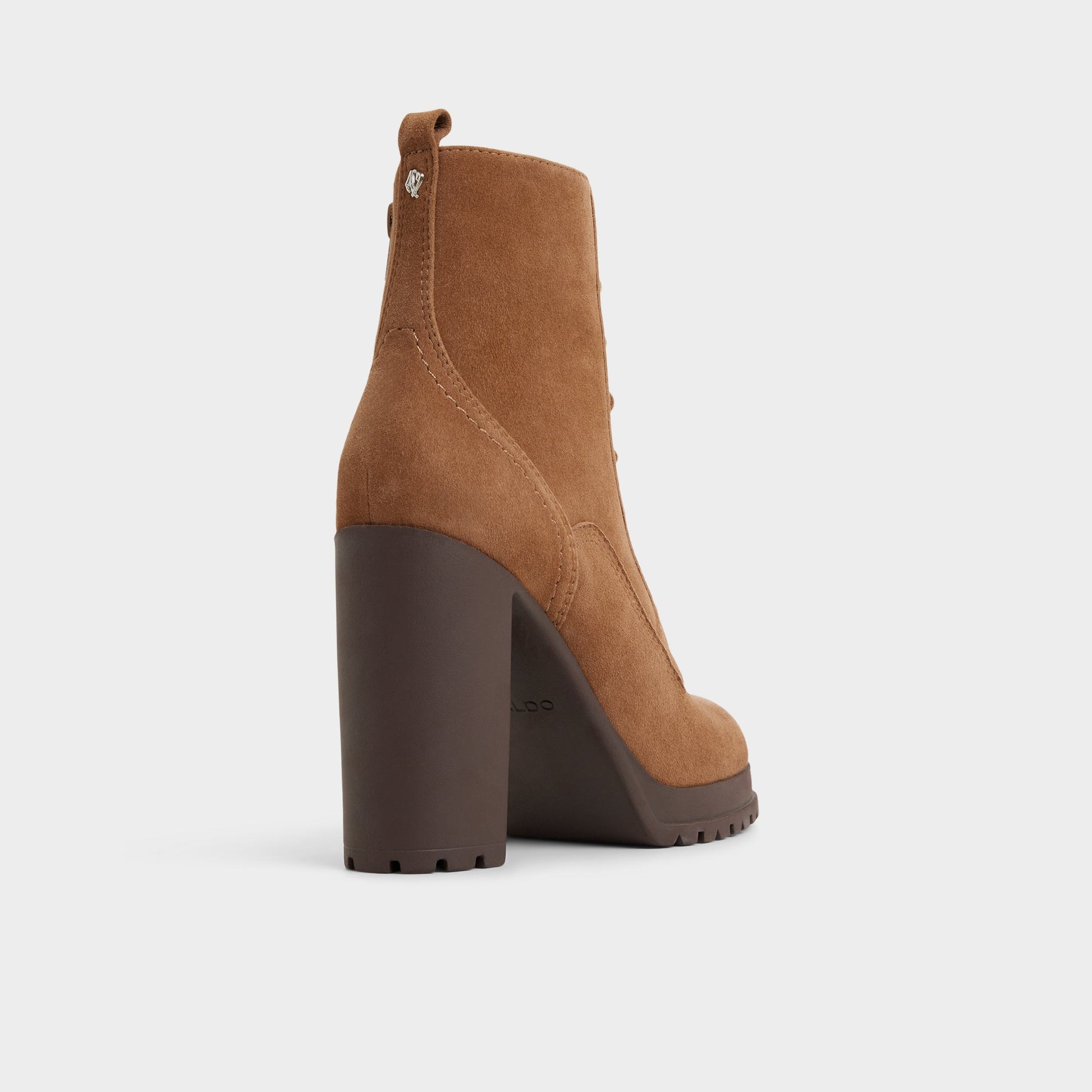 Three-quarter angle of Light Brown Rebelliously Combat ankle boot's back side