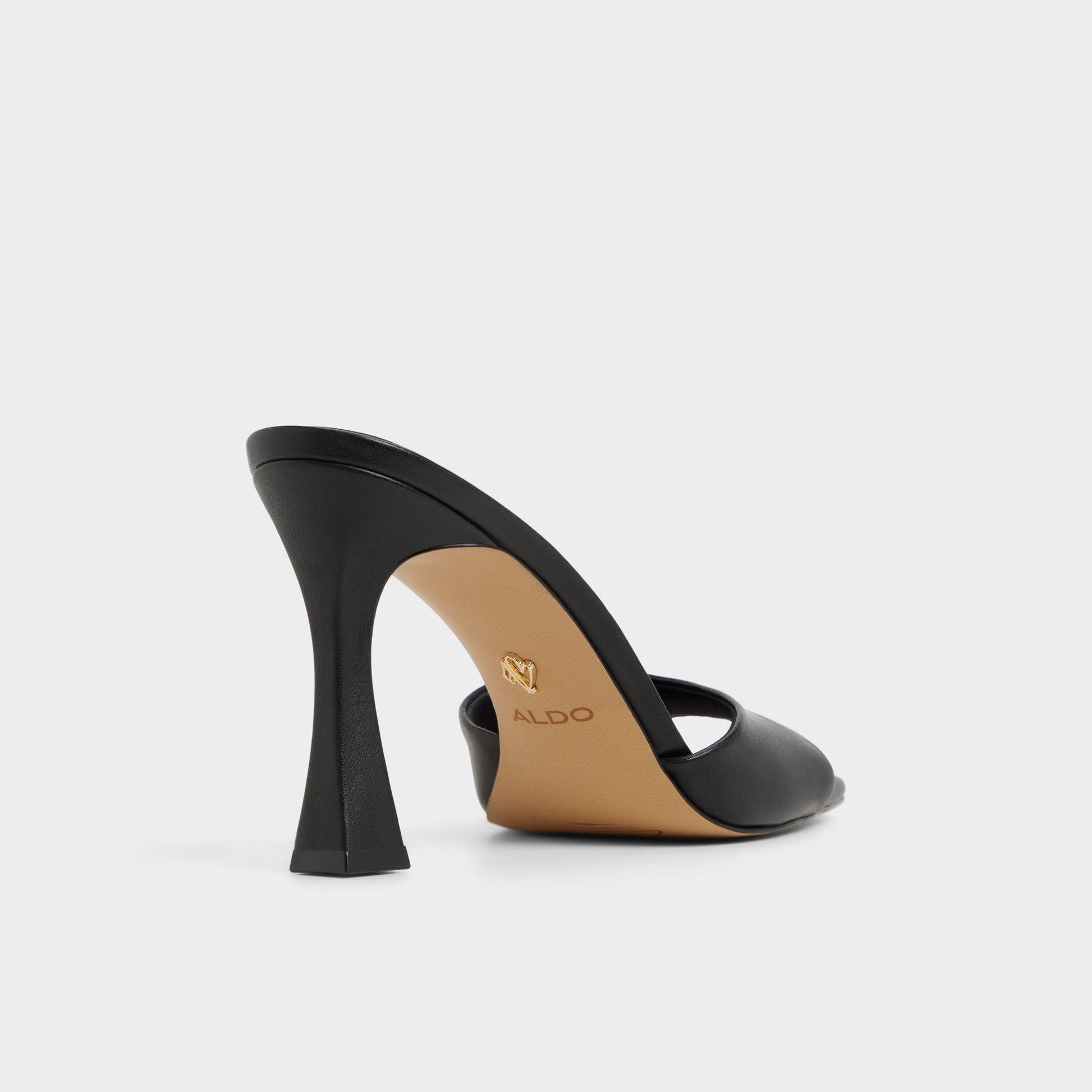 Three-quarter angle of Black Jennifer Heeled mule's back side