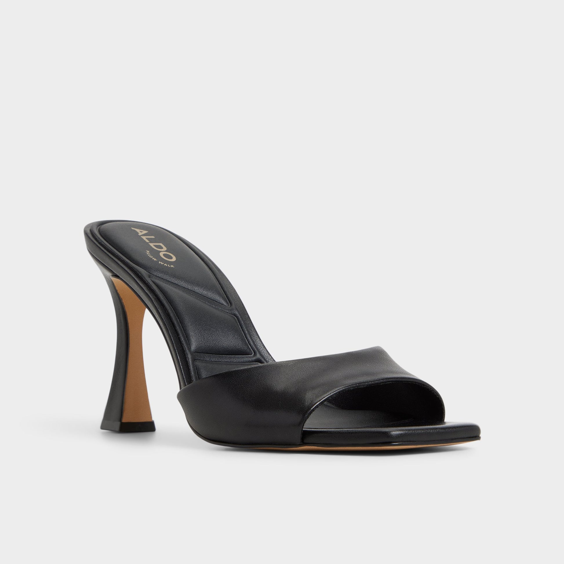 Three-quarter angle of Black Jennifer Heeled mule's front side
