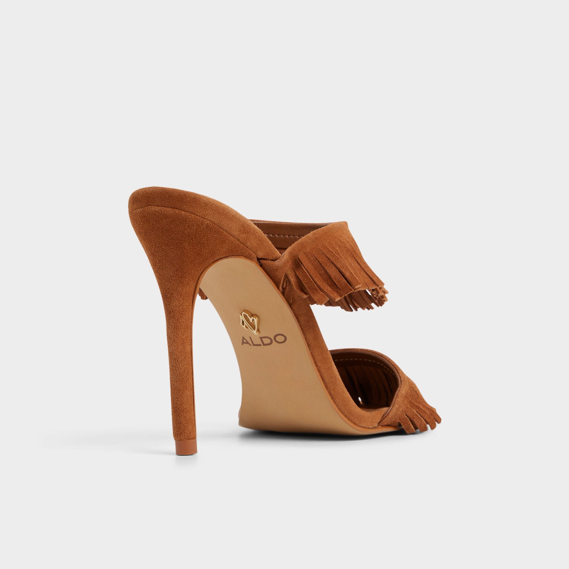Three-quarter angle of Medium Brown Nahanie Heeled mule's back side